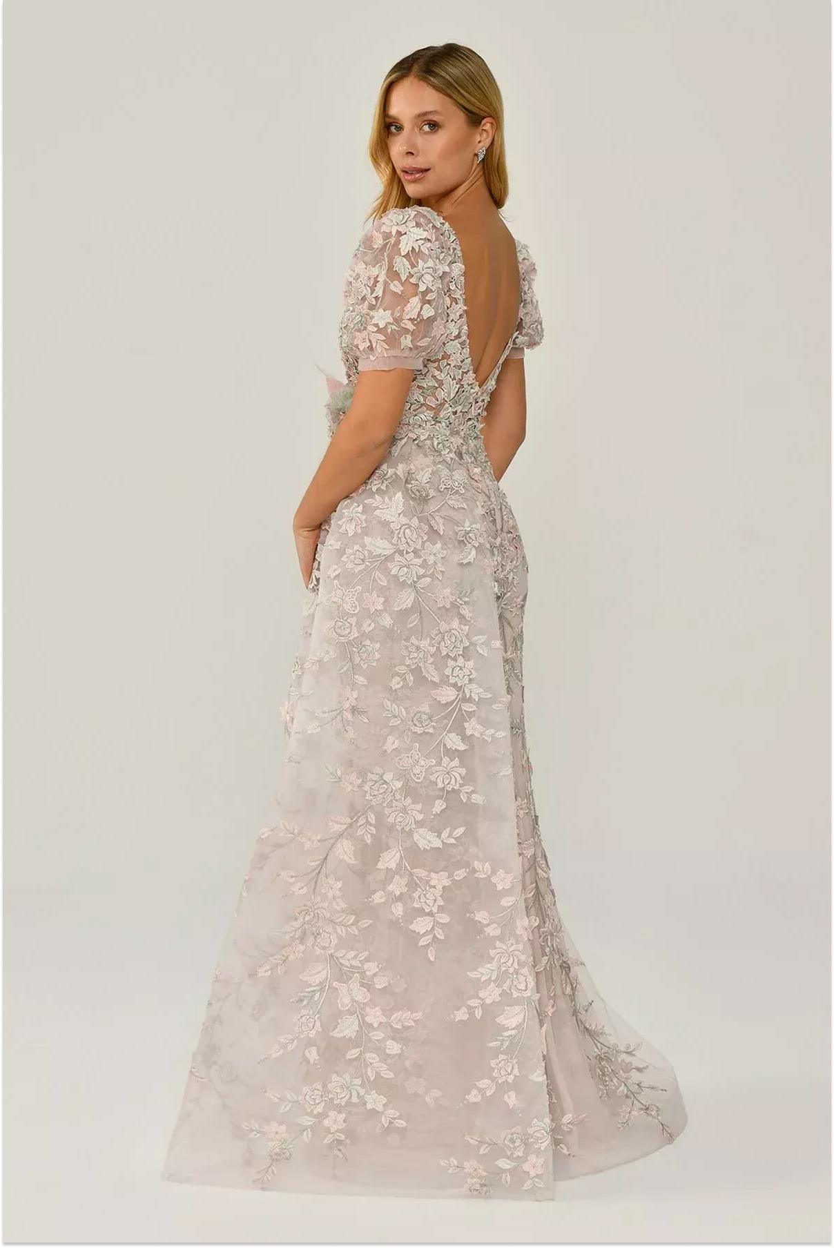 Alfabeta Pudra Karpuz Kollu Güpürlü Uzun Abiye Elbise - Eser Giyim