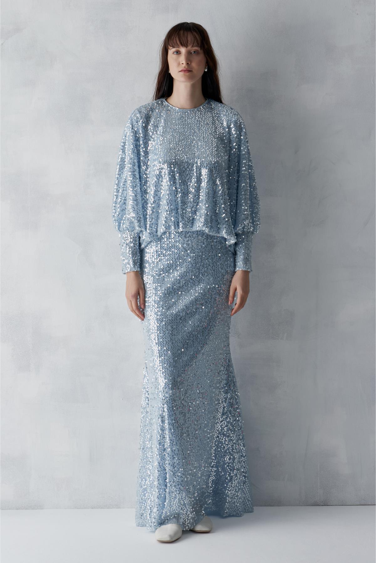 Sequin Blouse Skirt Evening Dress Set Blue / 38 Sequin Blouse Skirt Evening Dress Set Blue / 38