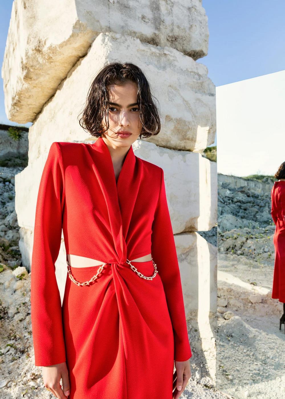 Kameya Şal Yaka Pencere Detaylı Zincirli Midi Boy Elbise - Eser Giyim