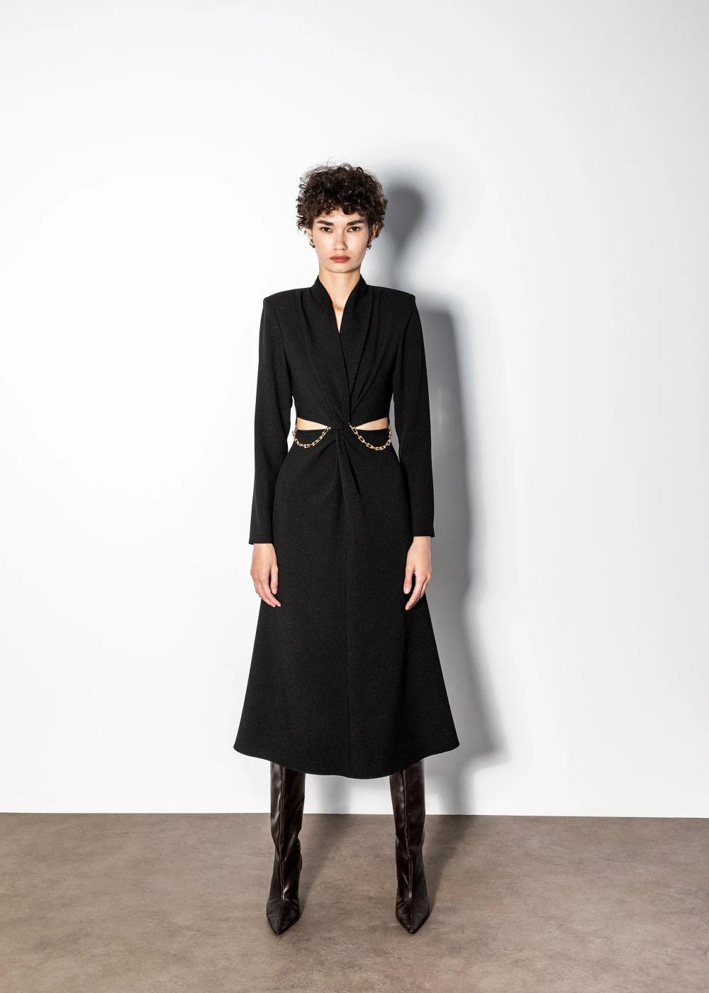 Kameya Şal Yaka Pencere Detaylı Zincirli Midi Boy Elbise - Eser Giyim