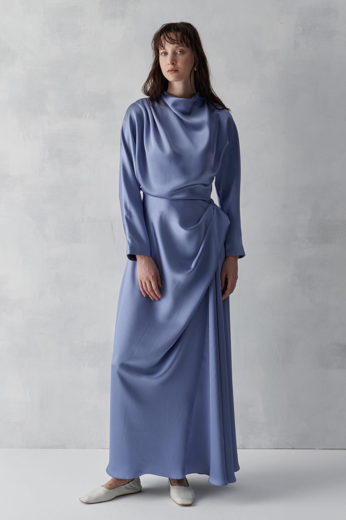 Şal Yaka Saten Elbise - Eser Giyim