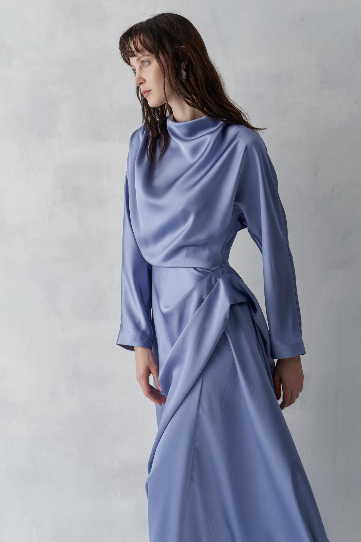 Şal Yaka Saten Elbise - Eser Giyim