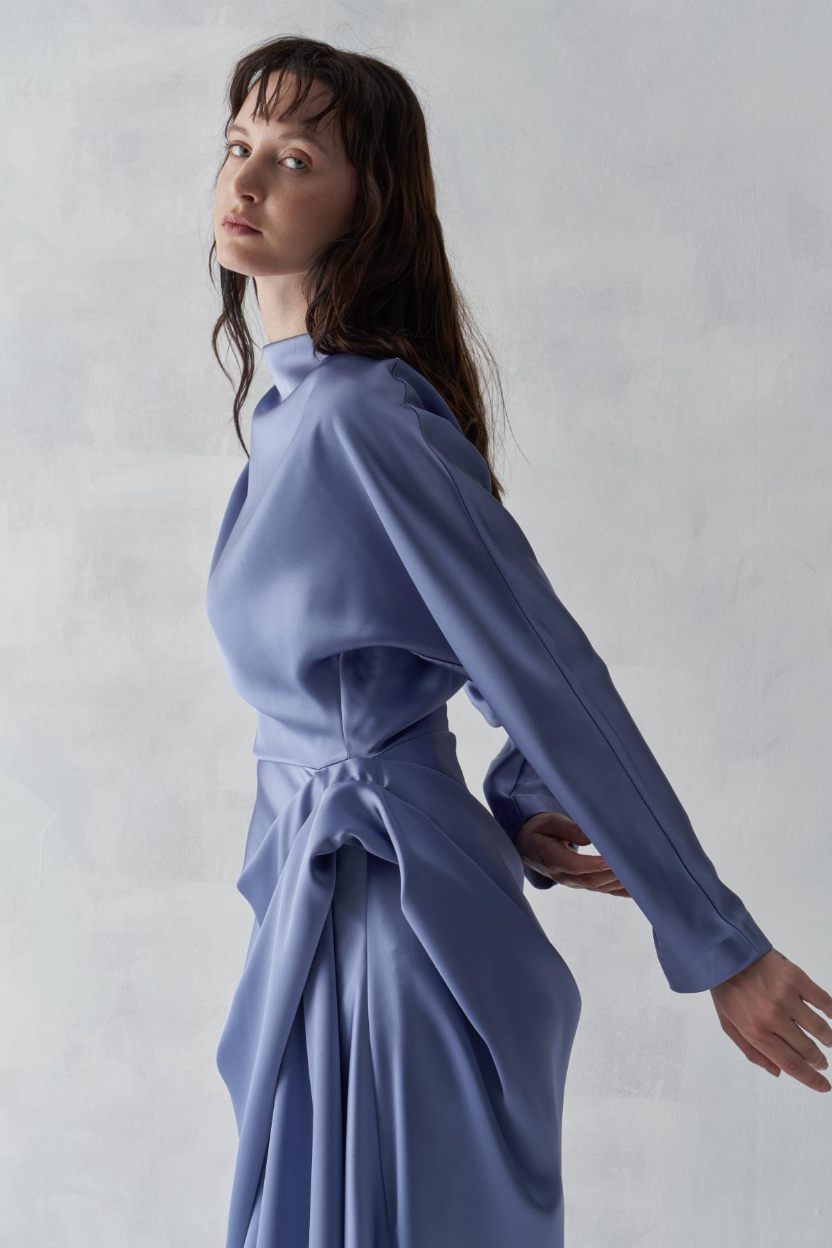 Şal Yaka Saten Elbise - Eser Giyim