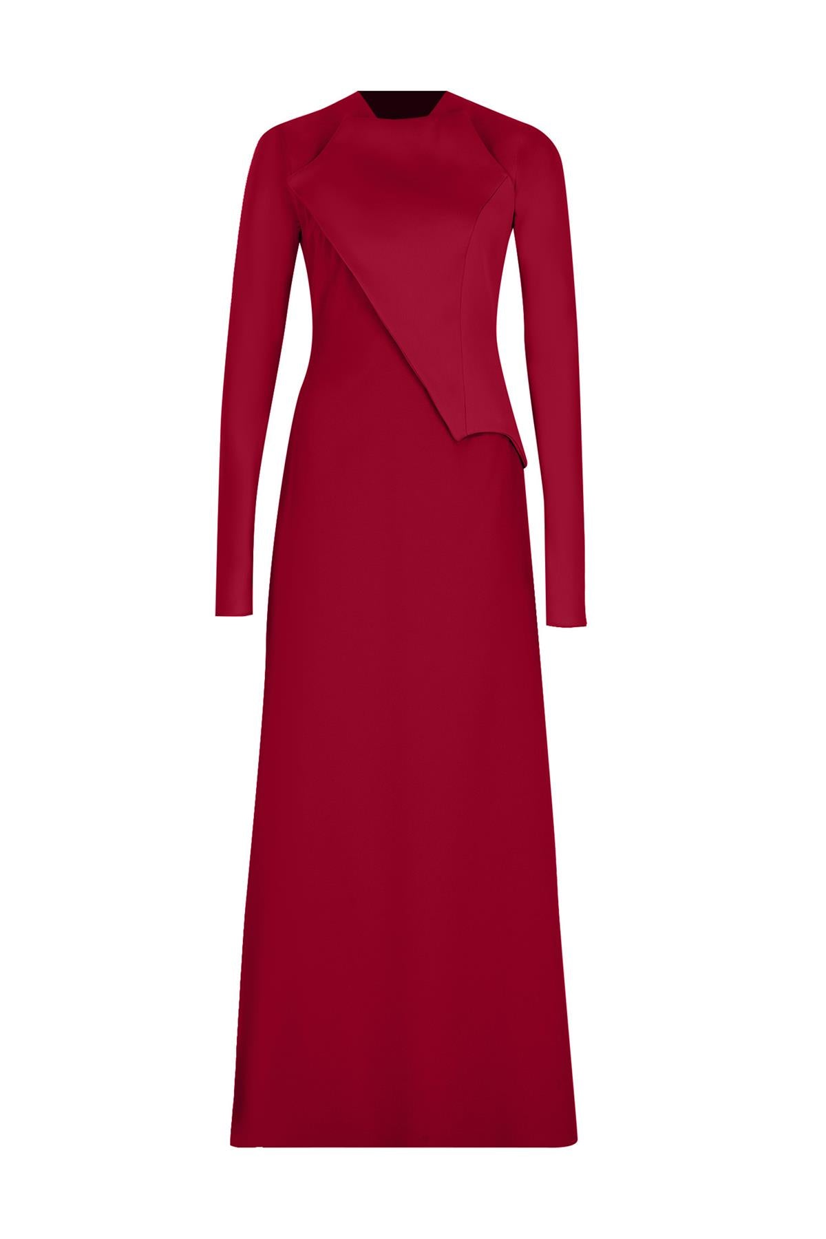 Satin Asymmetrical Detailed Long Sleeve Evening Dress