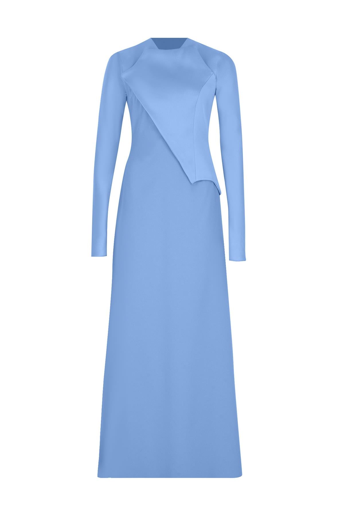 Satin Asymmetrical Detailed Long Sleeve Evening Dress