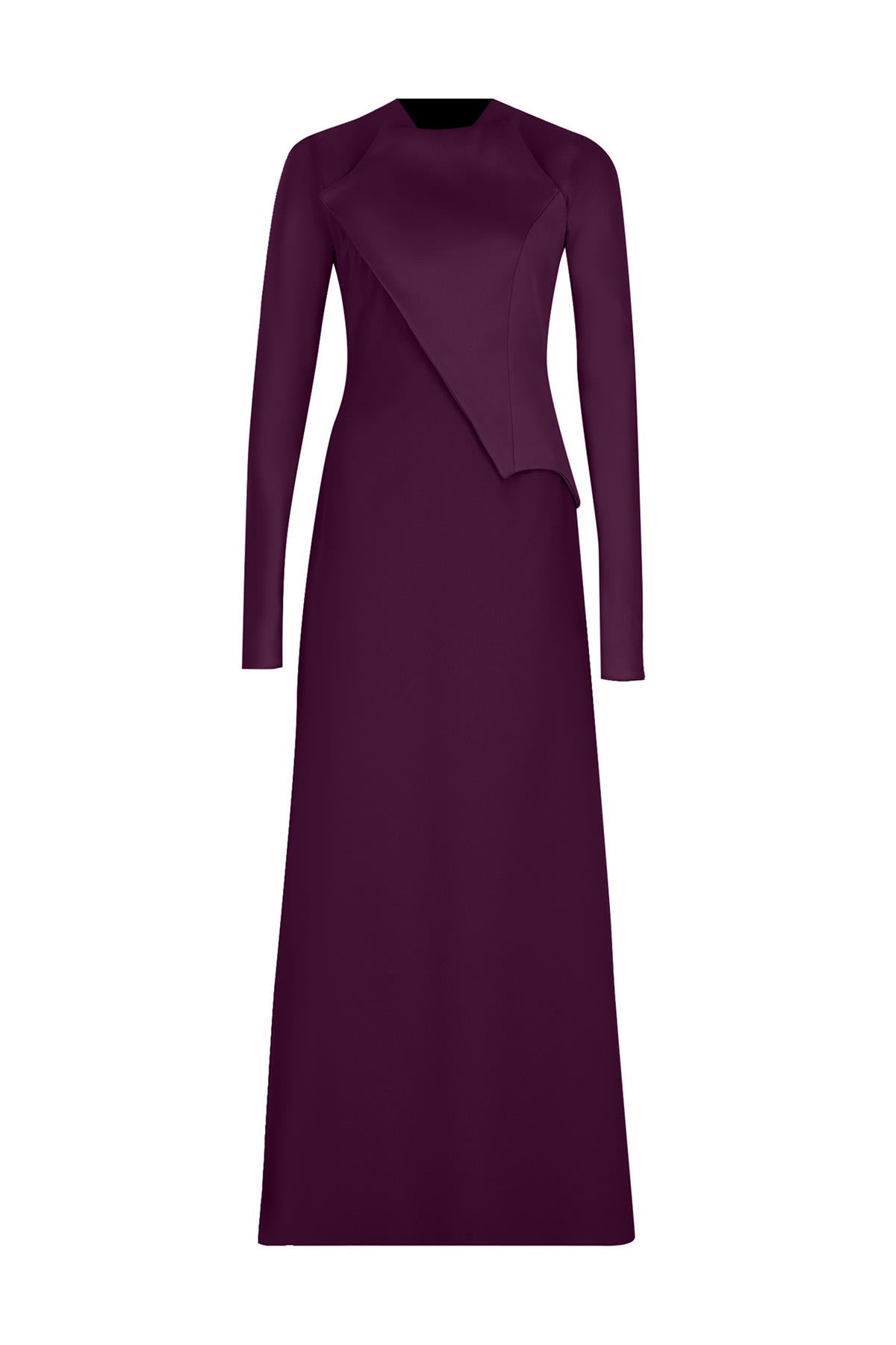 Satin Asymmetrical Detailed Long Sleeve Evening Dress