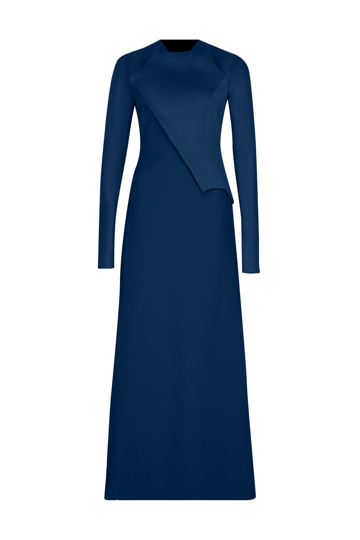 Satin Asymmetrical Detailed Long Sleeve Evening Dress