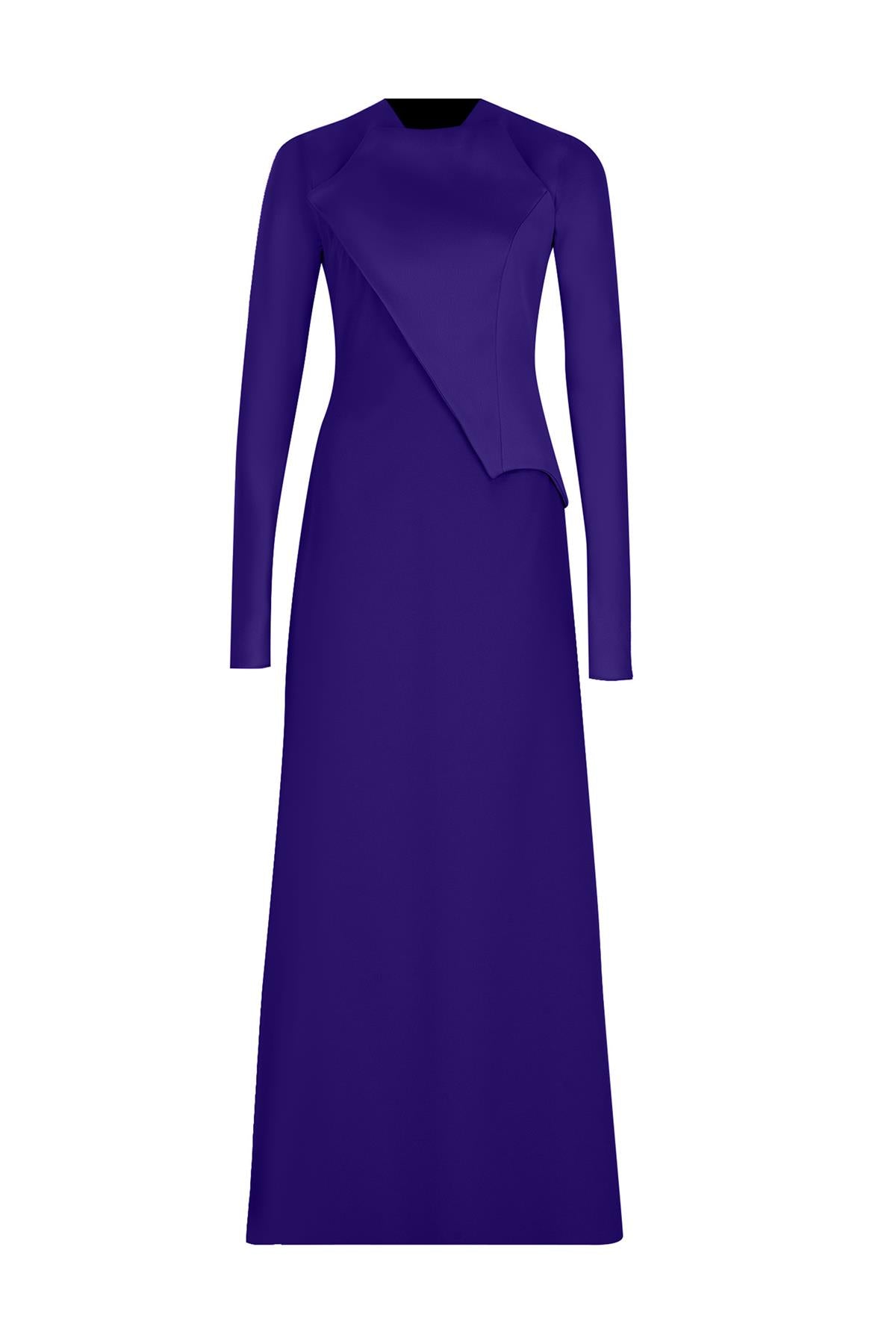 Satin Asymmetrical Detailed Long Sleeve Evening Dress
