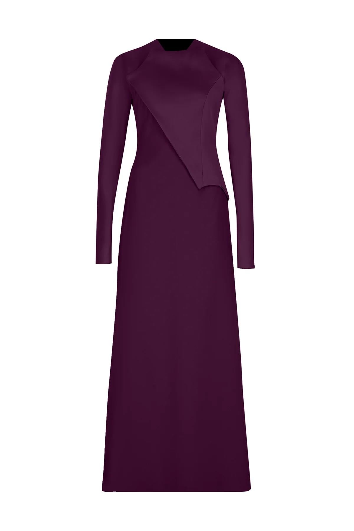 Satin Asymmetrical Detailed Long Sleeve Evening Dress