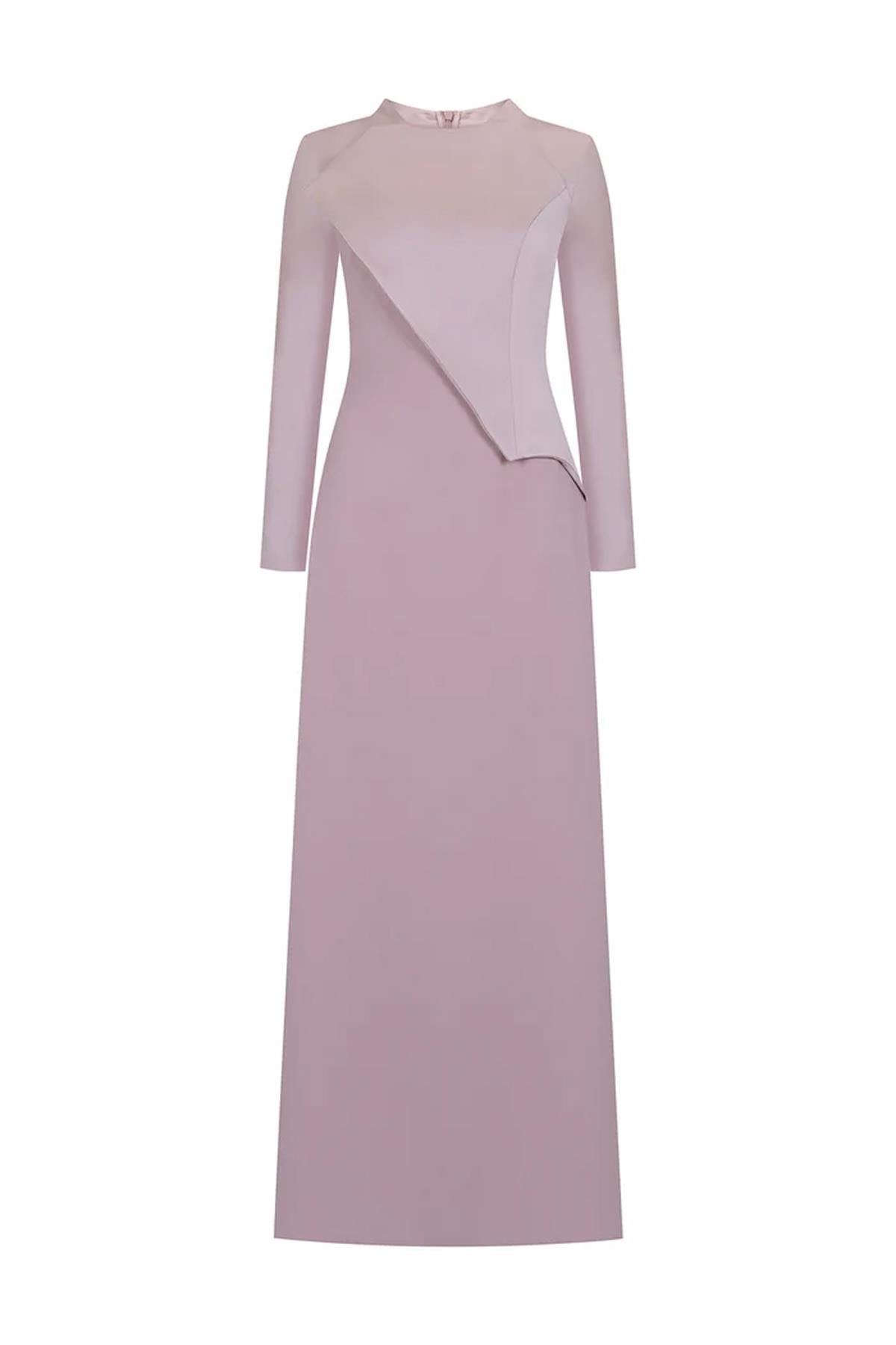 Satin Asymmetrical Detailed Long Sleeve Evening Dress