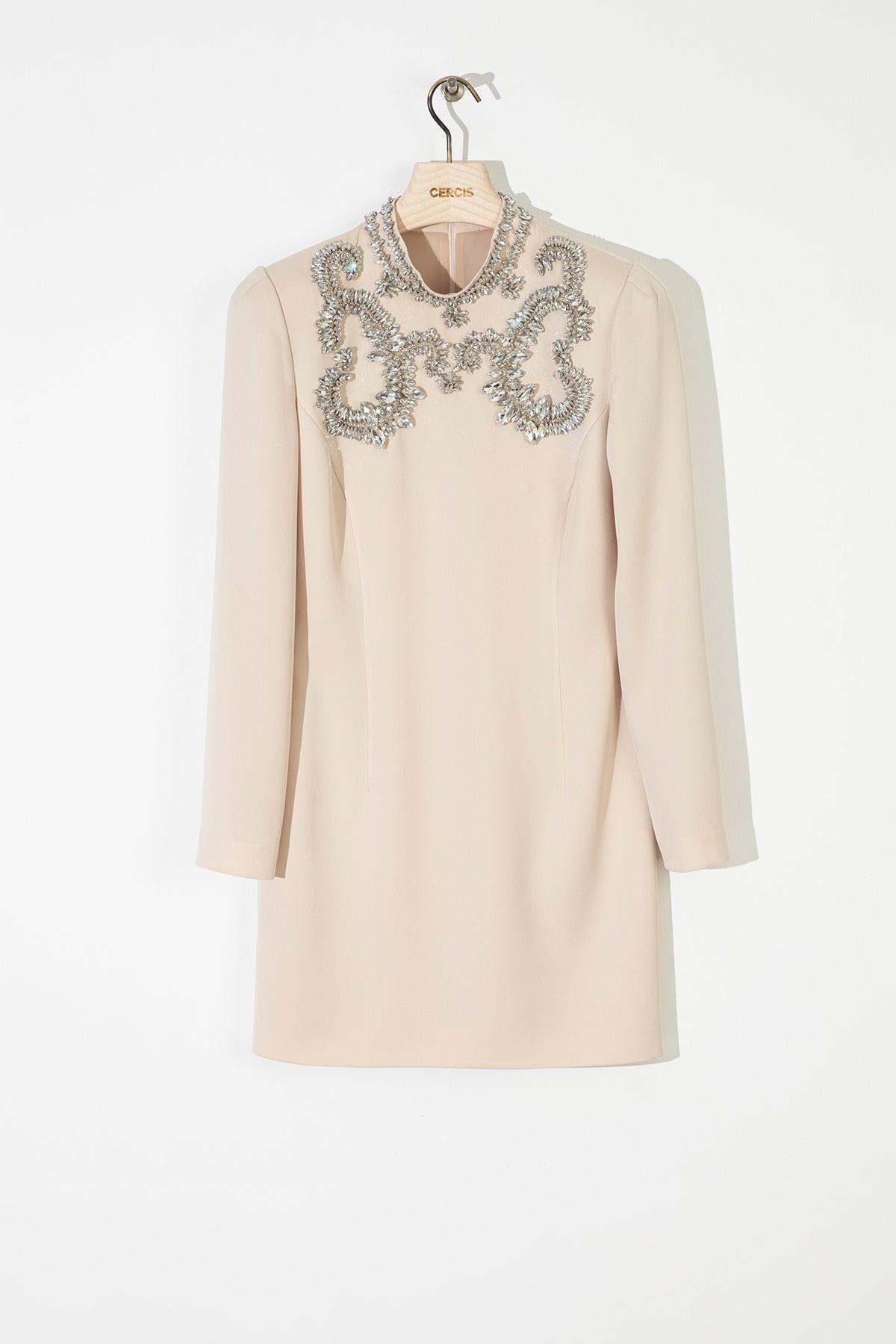 Saten Kasnak İşleme Uzun Kollu Mini Elbise - Eser Giyim