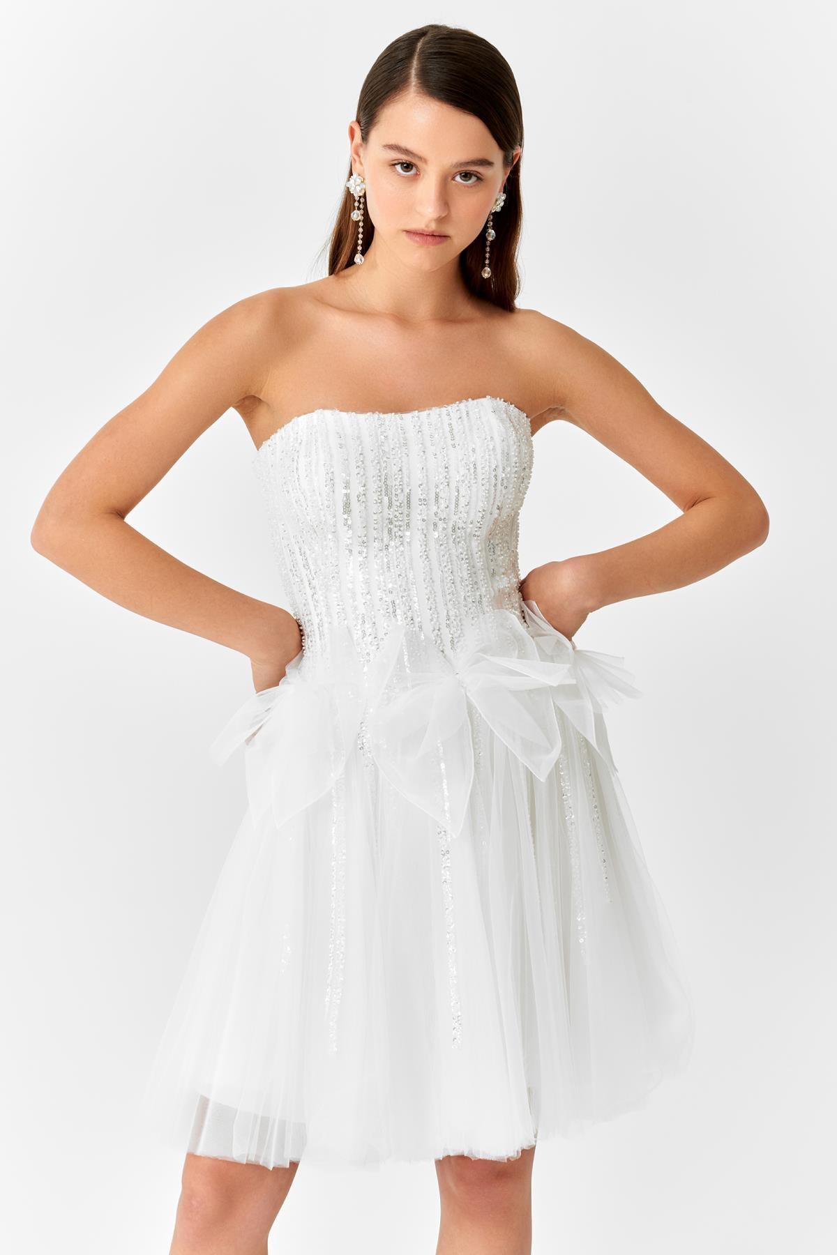 Sırtı Kurdela Detaylı Mini Tül Elbise - Eser Giyim