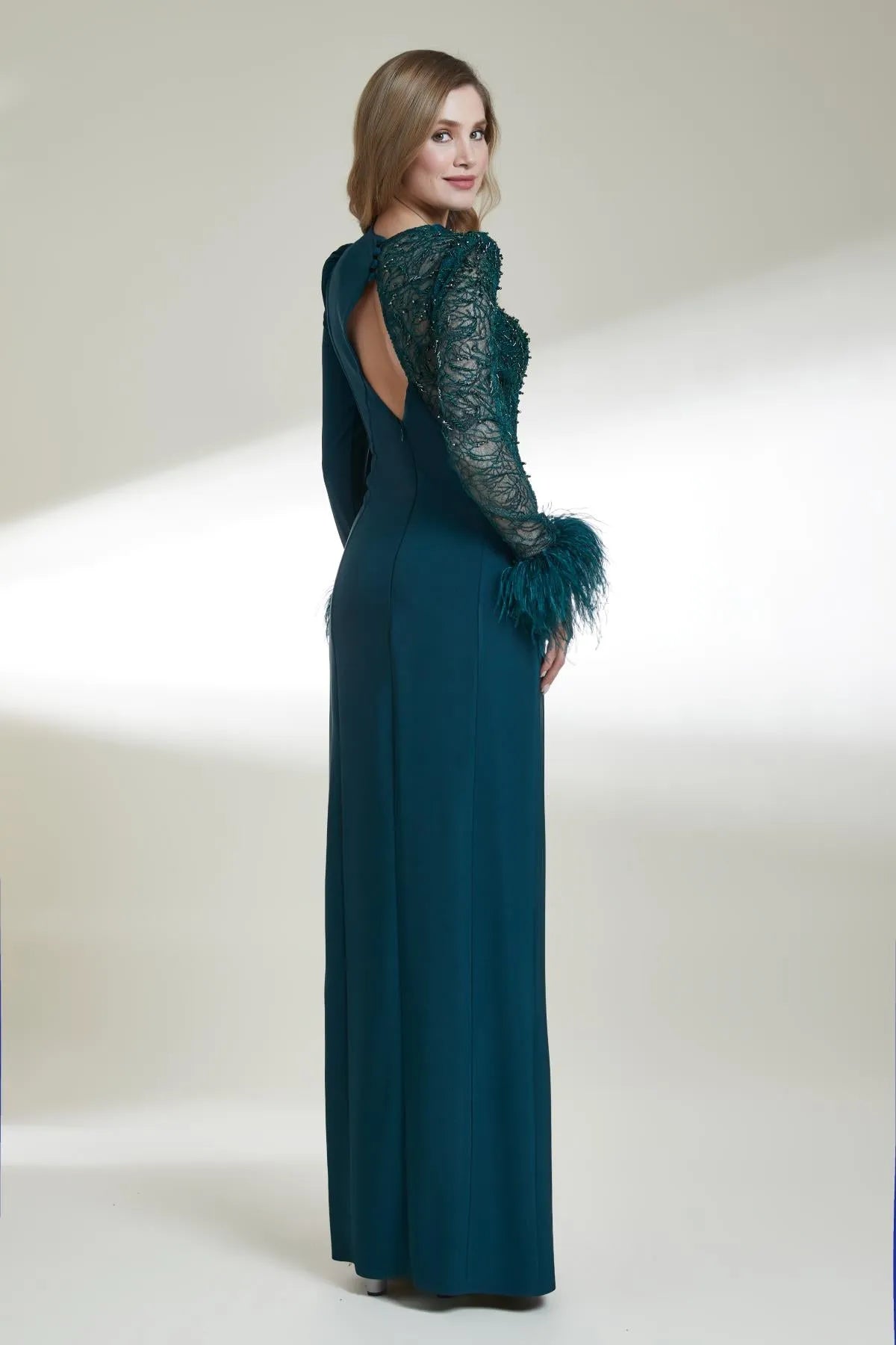 Lace Draped Long Evening Dress with Back Window