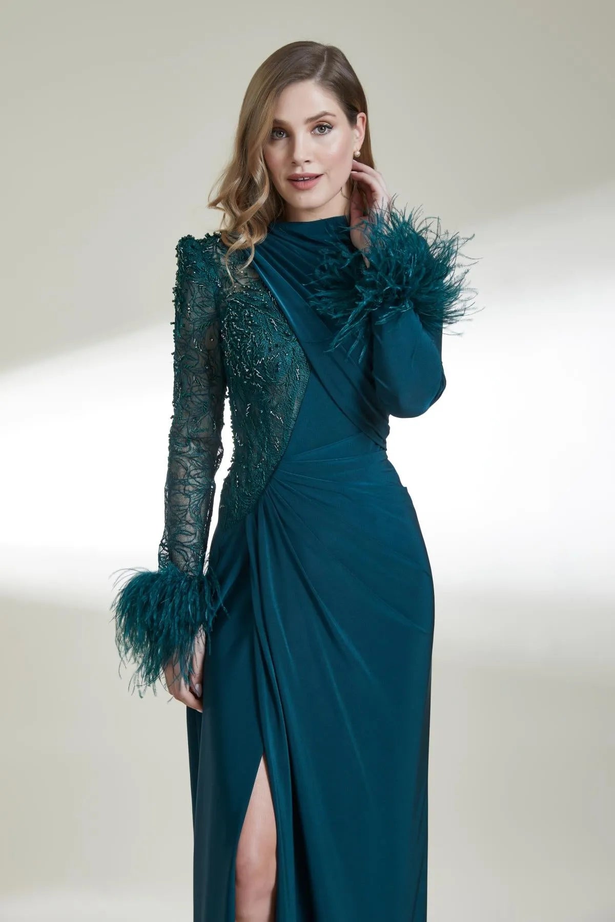 Lace Draped Long Evening Dress with Back Window