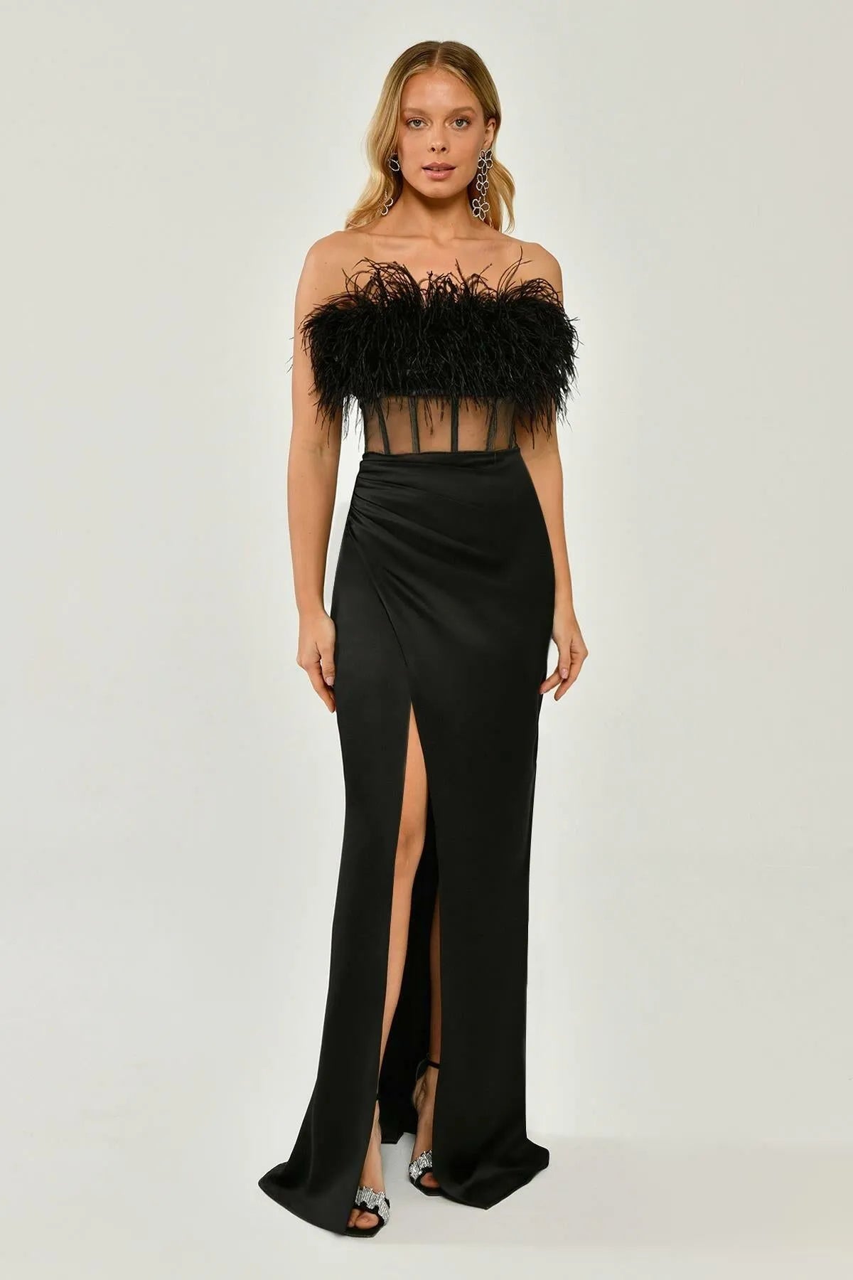 Strapless Waist Transparent Satin Long Evening Dress