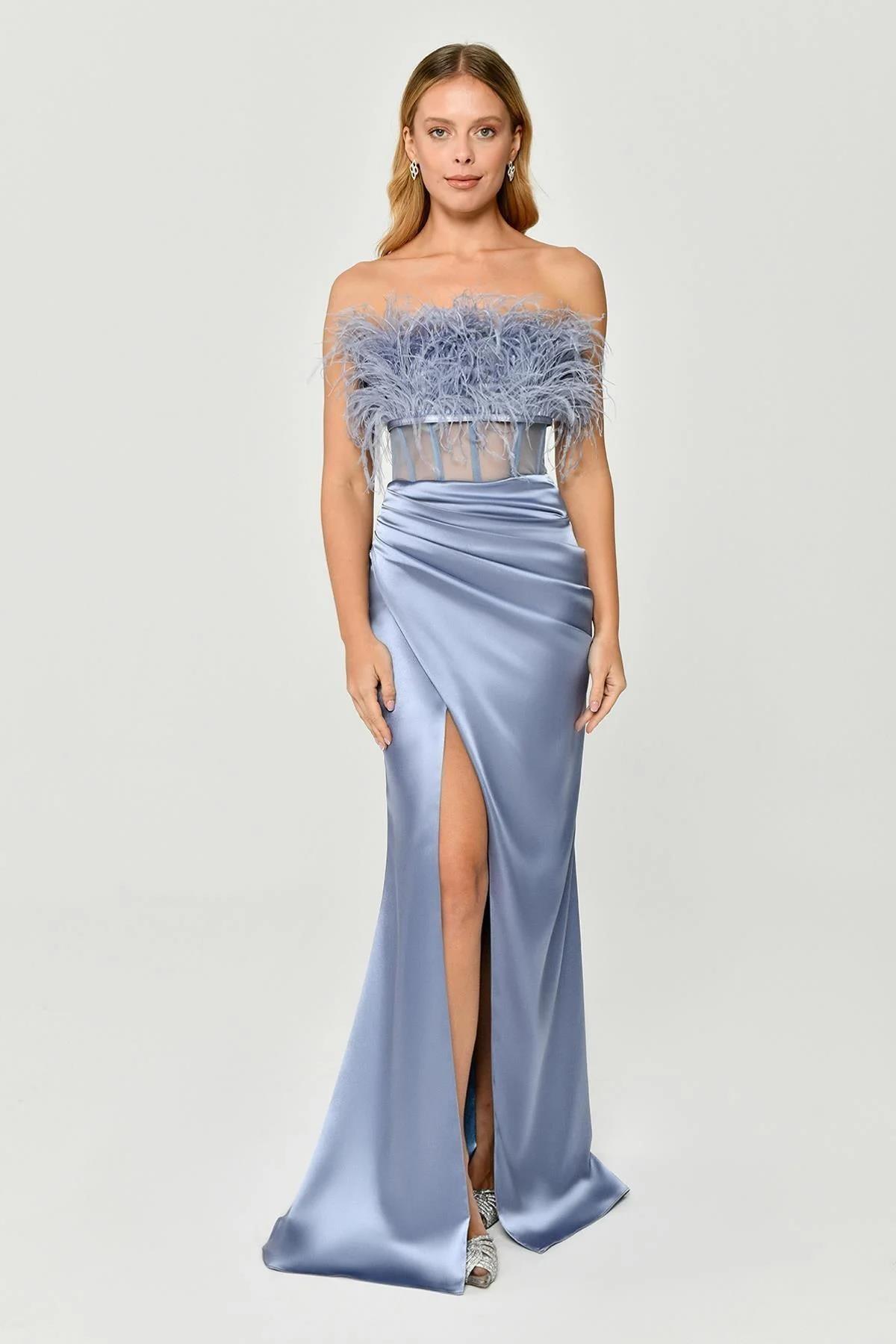 Alfabeta Straplez Beli Transparan Saten Uzun Abiye Elbise - Eser Giyim