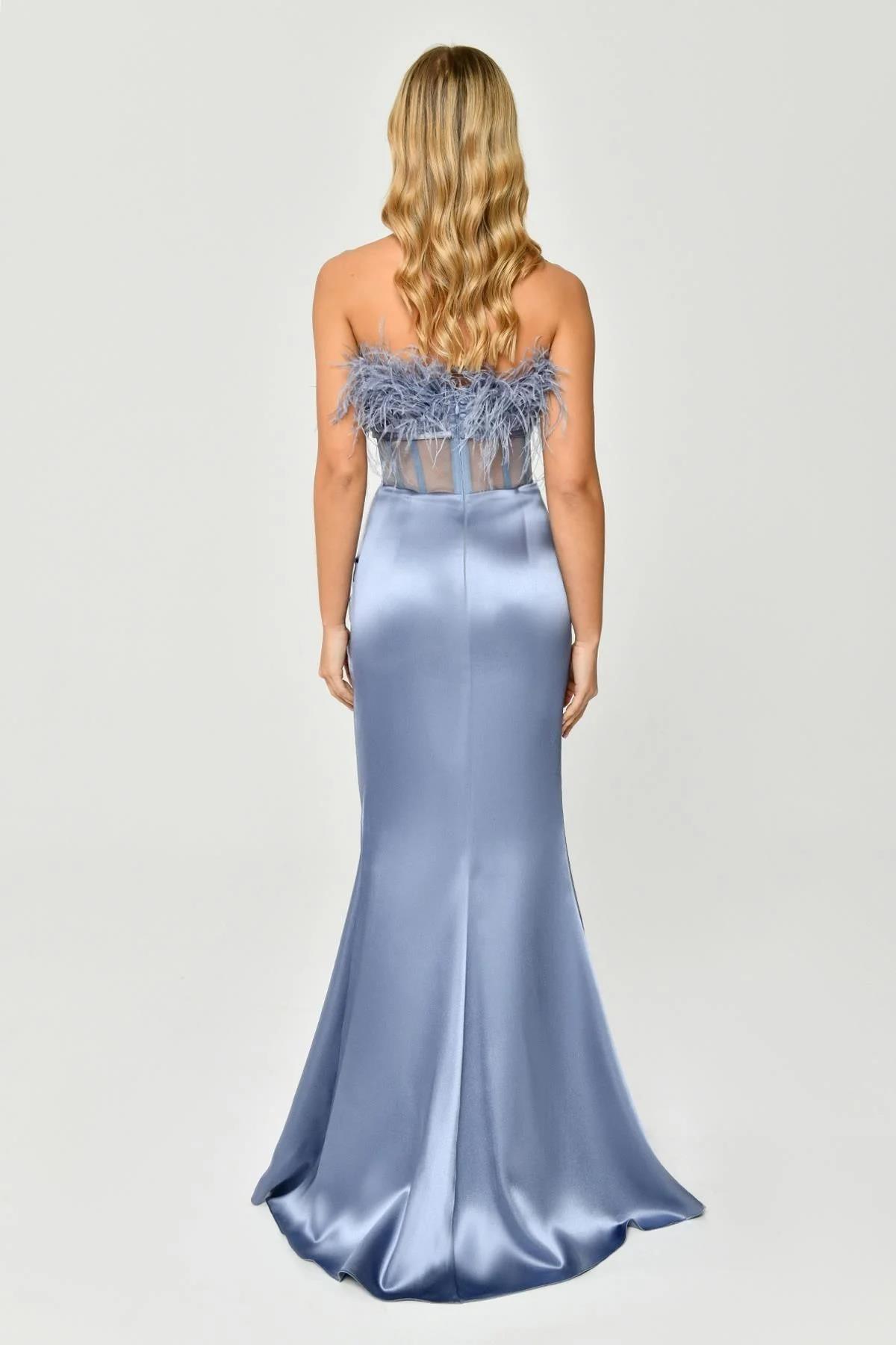 Alfabeta Straplez Beli Transparan Saten Uzun Abiye Elbise - Eser Giyim