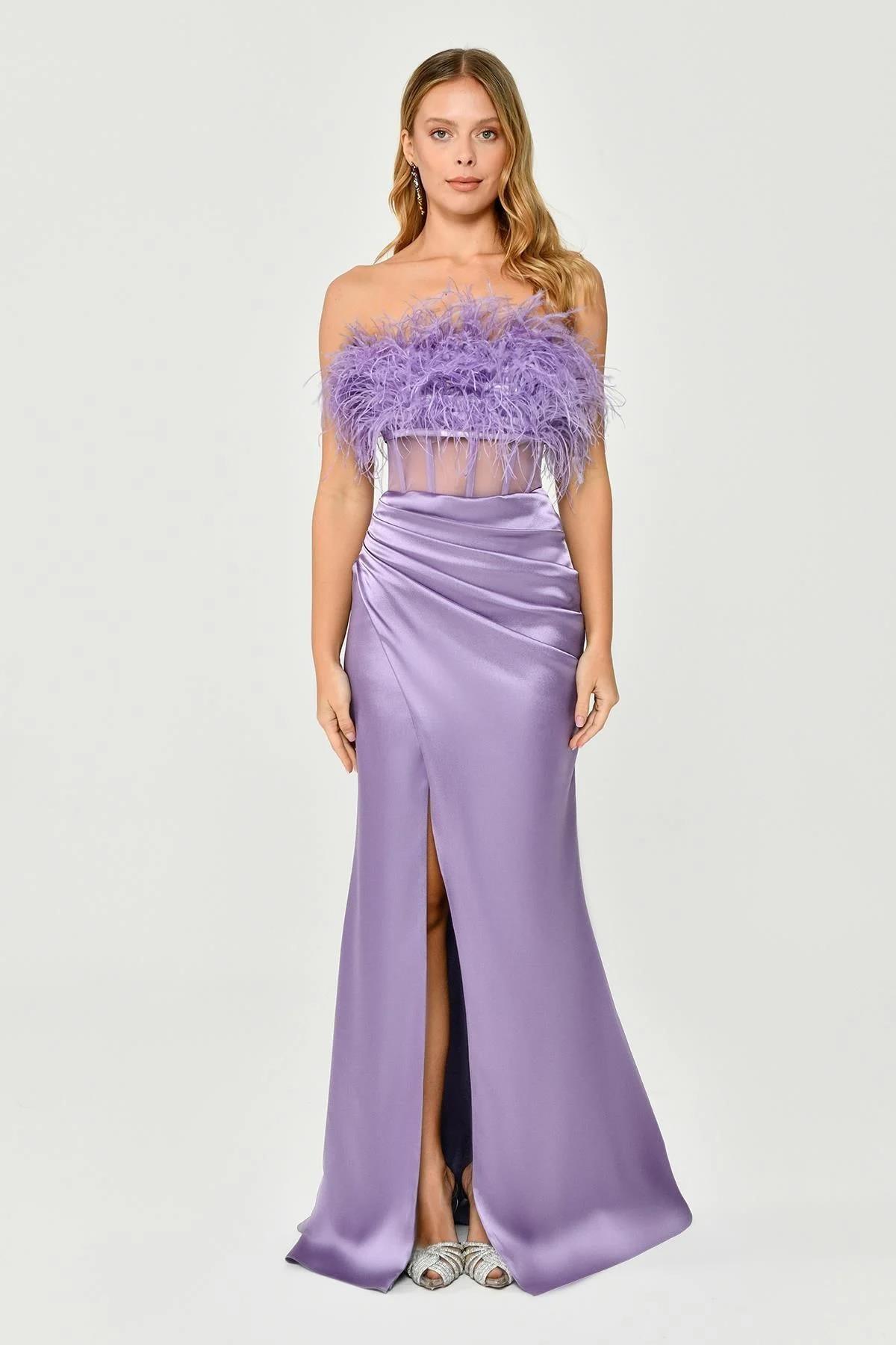 Alfabeta Straplez Beli Transparan Saten Uzun Abiye Elbise - Eser Giyim