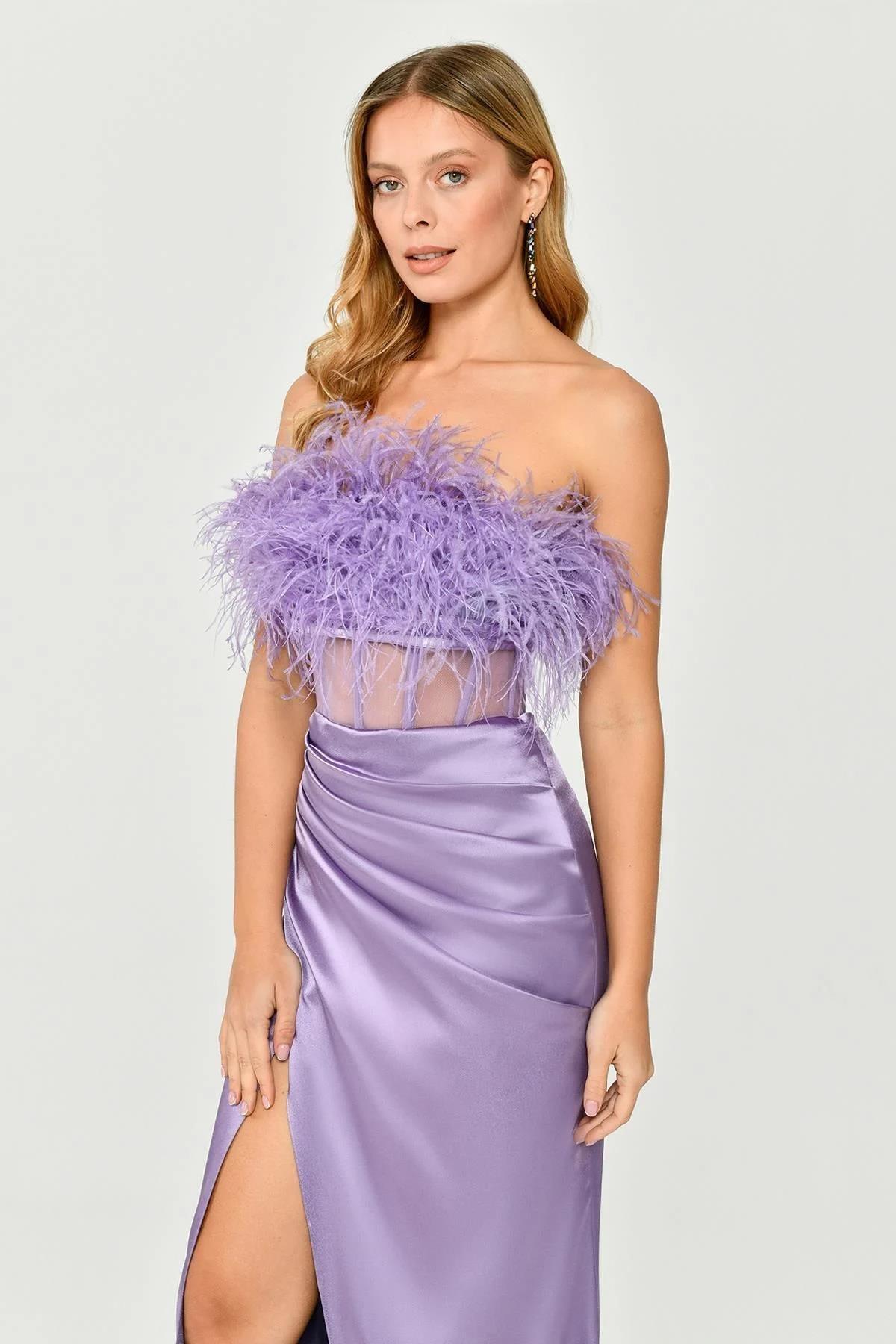 Alfabeta Straplez Beli Transparan Saten Uzun Abiye Elbise - Eser Giyim