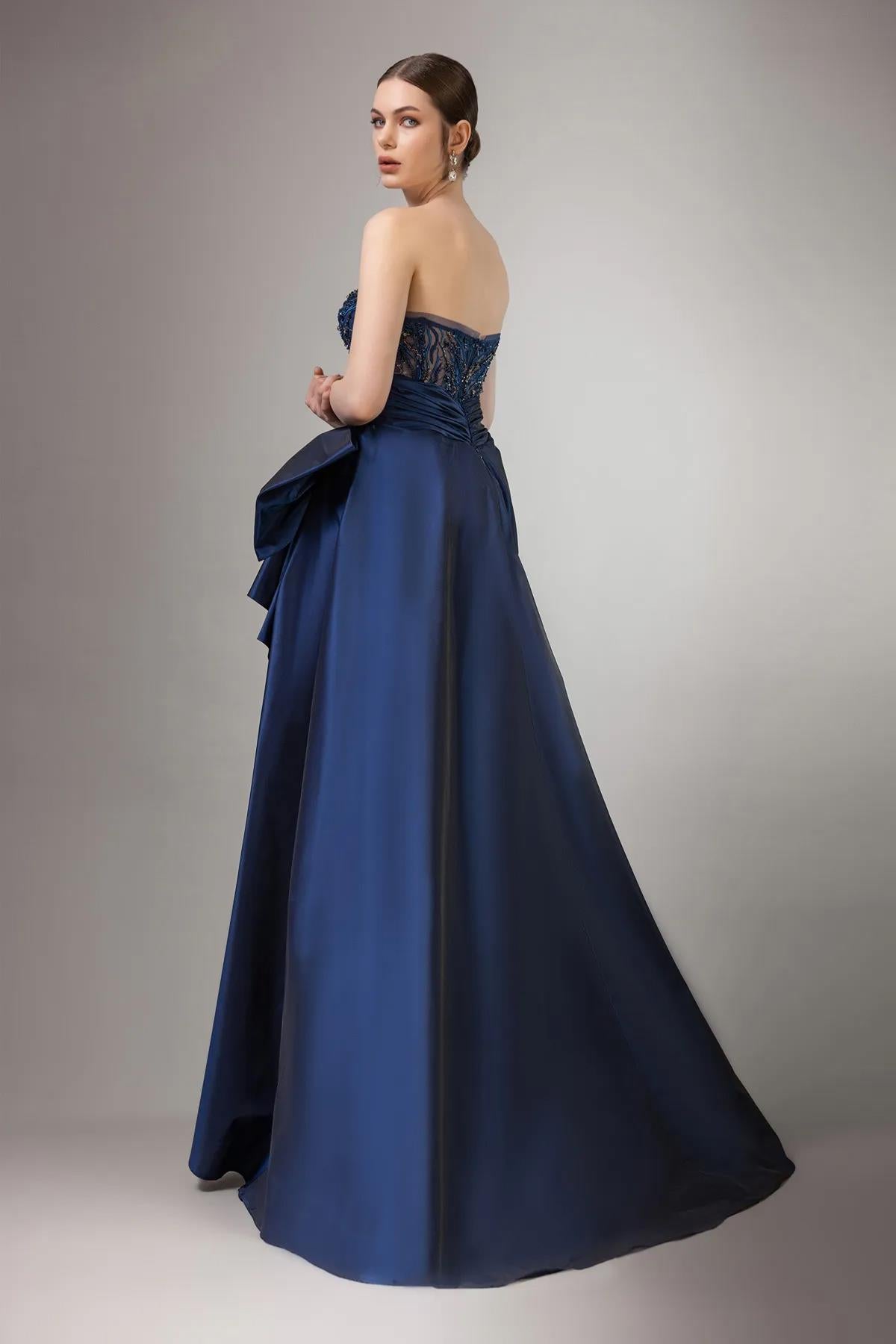 Strapless Beaded Embroidered Bow Long Evening Dress