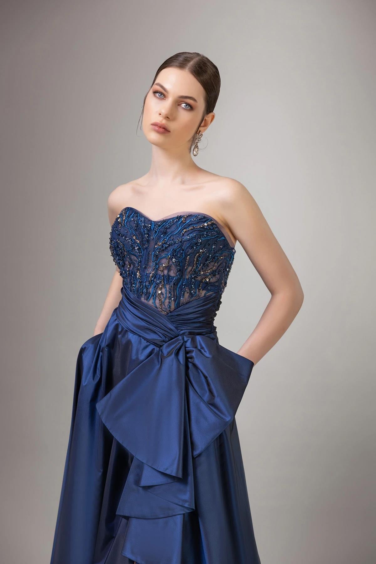 Strapless Beaded Embroidered Bow Long Evening Dress