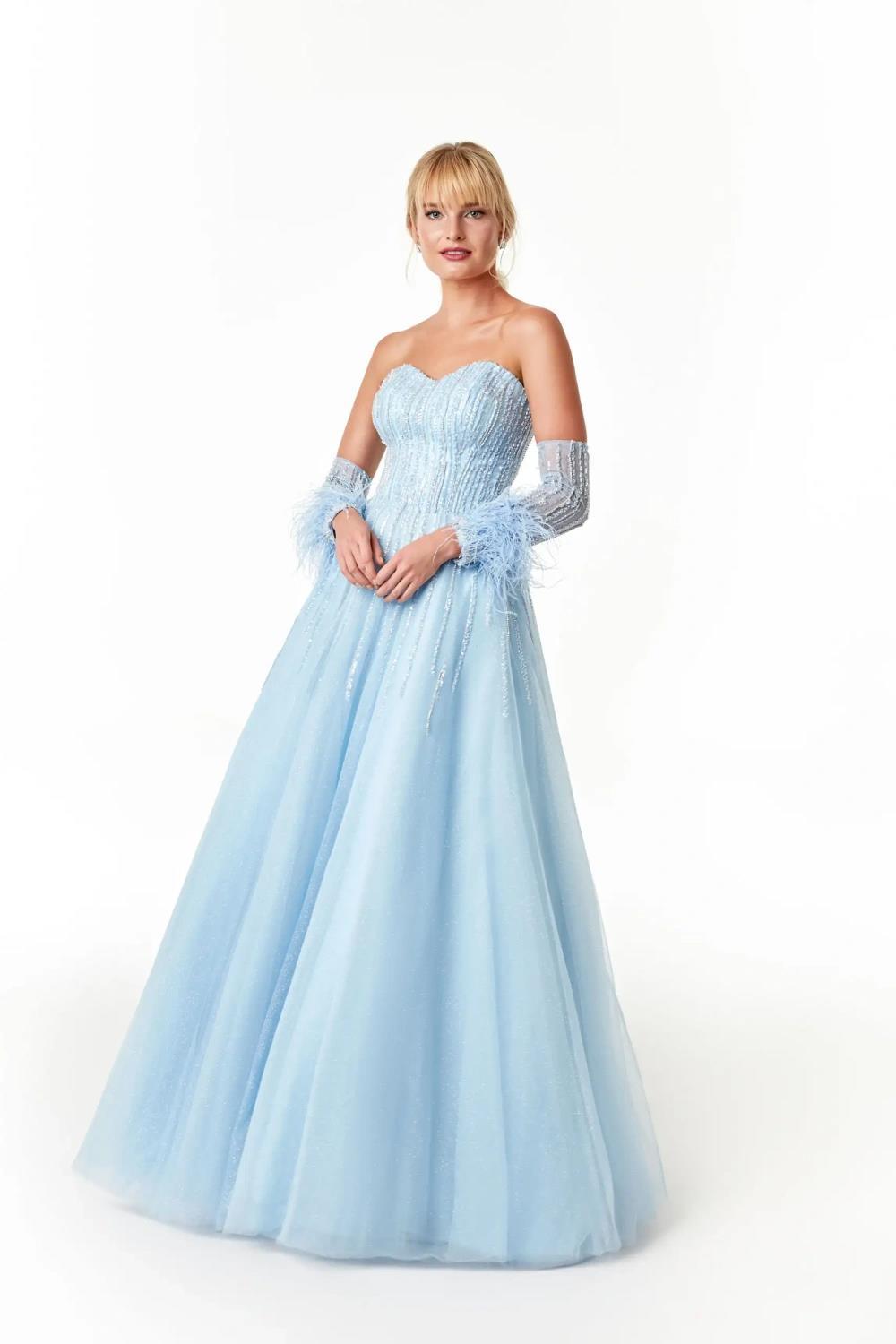 Ömür Inn Straplez Boncuk İşlemeli Tül Abiye Elbise - Eser Giyim