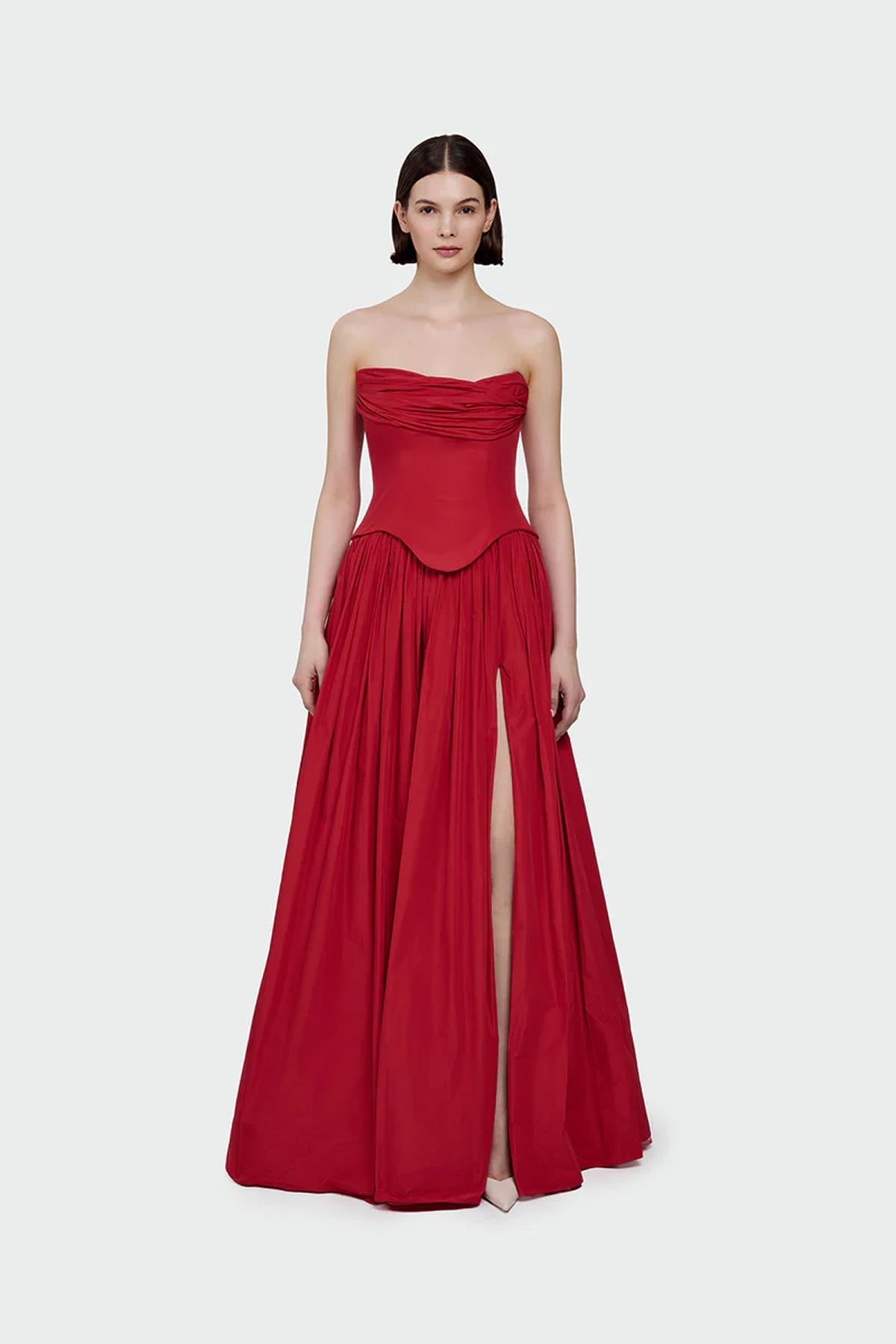Strapless Draped Corset Detailed Evening Dress