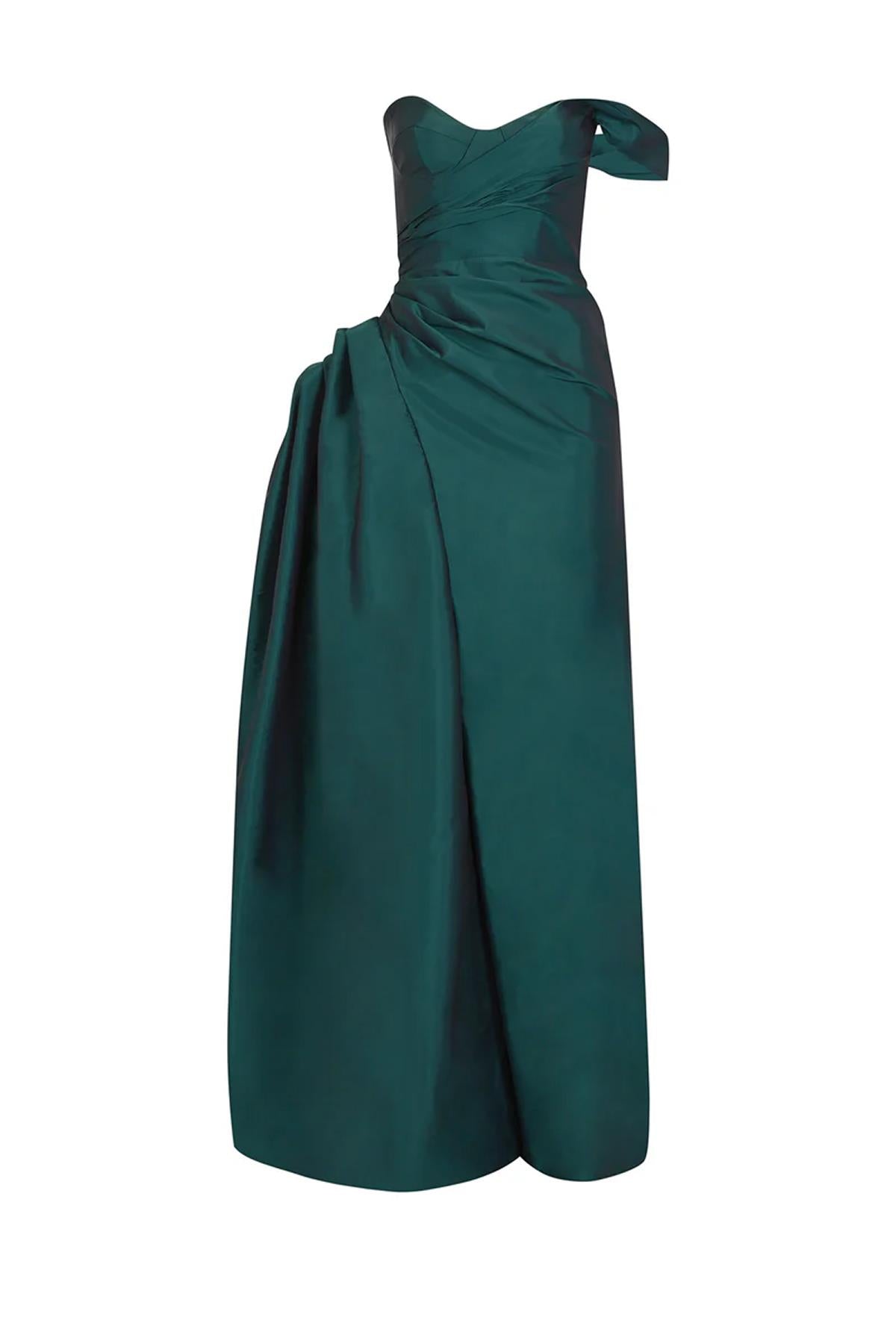 Strapless Draped Satin Long Evening Dress