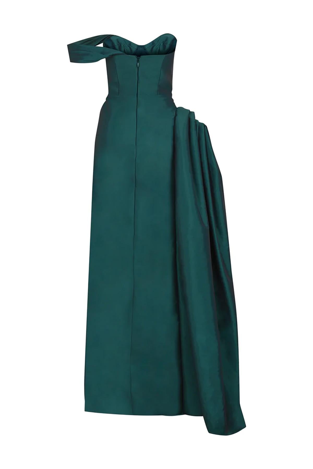 Strapless Draped Satin Long Evening Dress