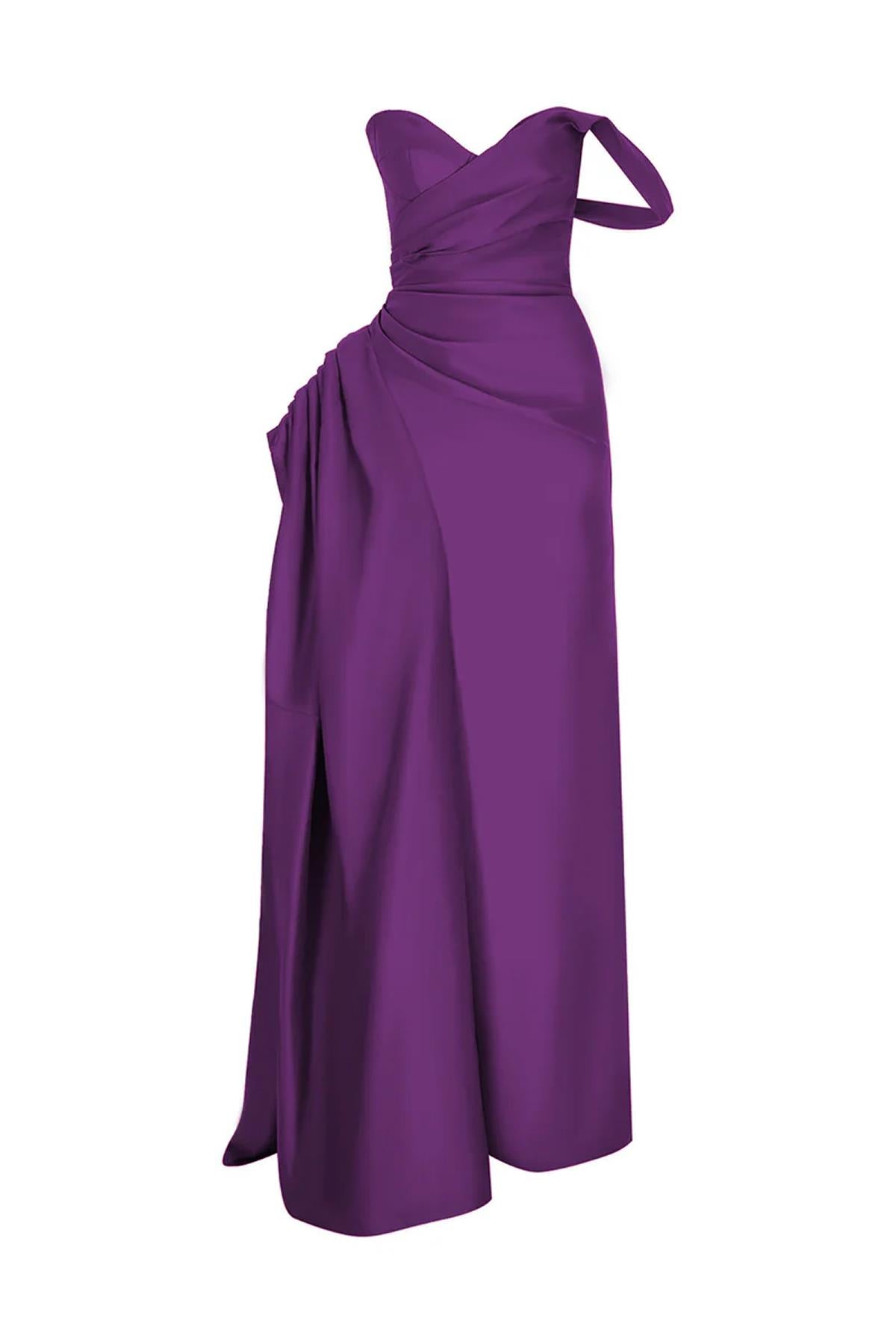 Straplez Drapeli Saten Uzun Abiye Elbise