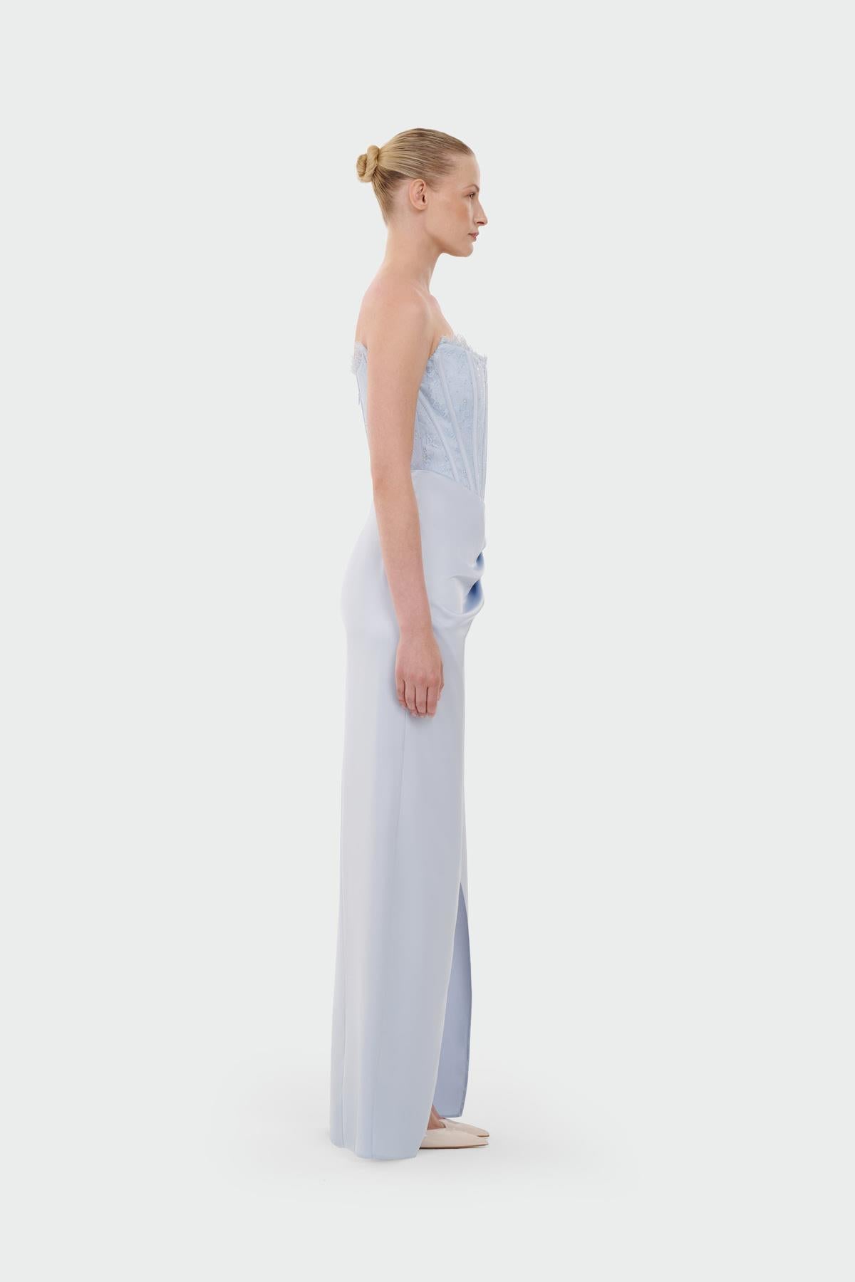 Strapless Draped Slit Evening Gown
