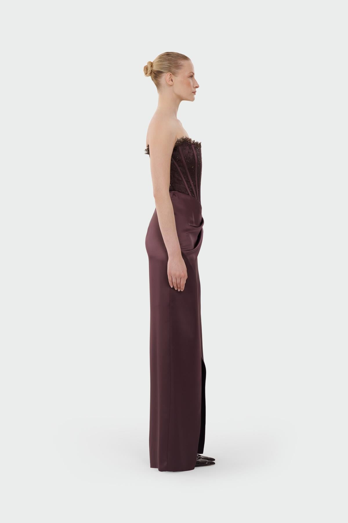 Strapless Draped Slit Evening Gown