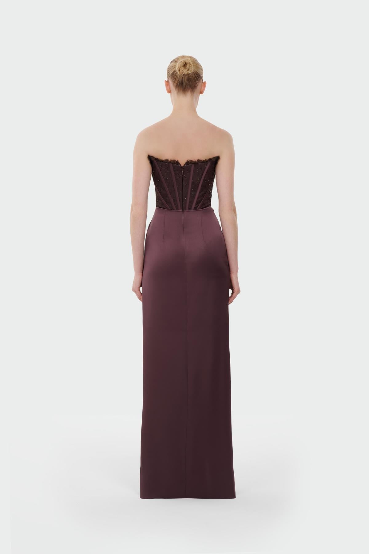 Strapless Draped Slit Evening Gown