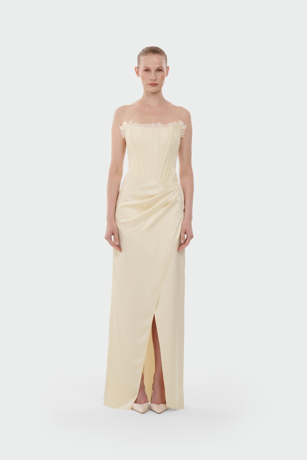 Strapless Draped Slit Evening Gown