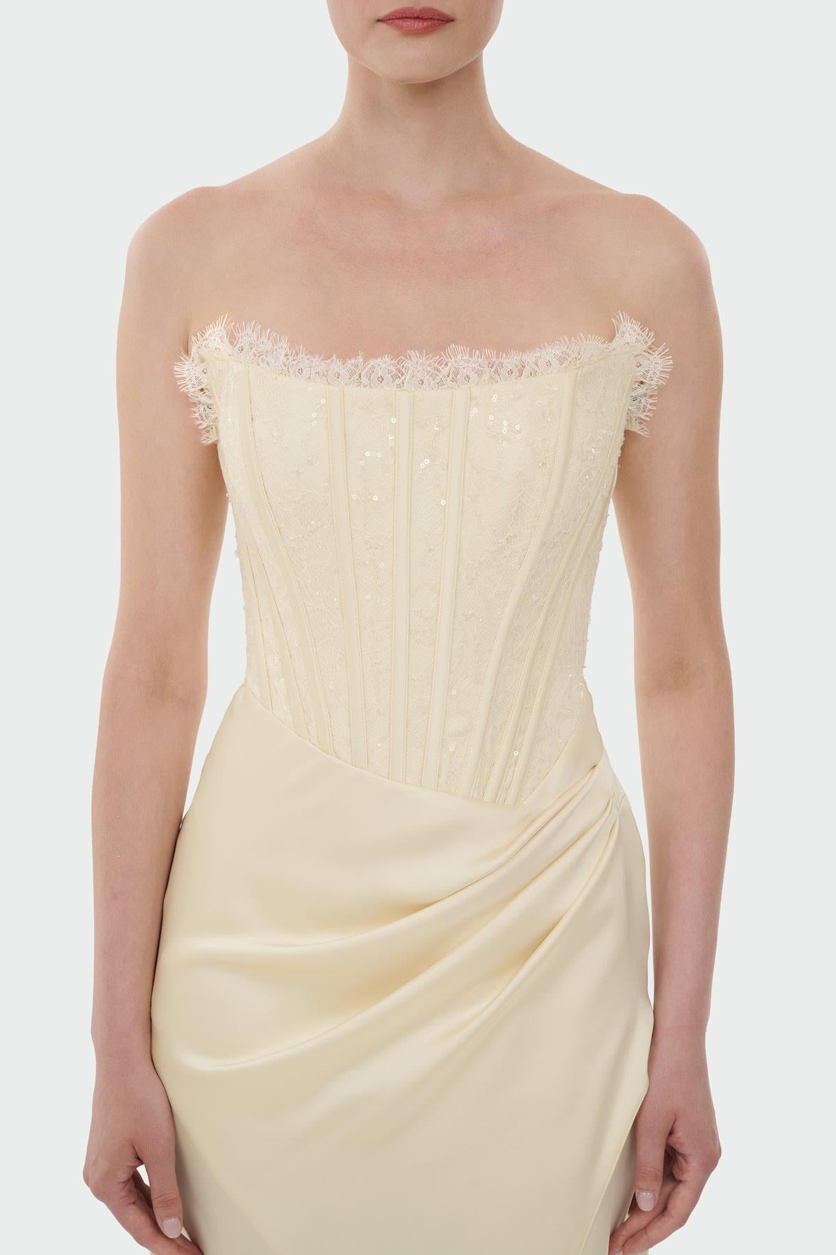 Strapless Draped Slit Evening Gown