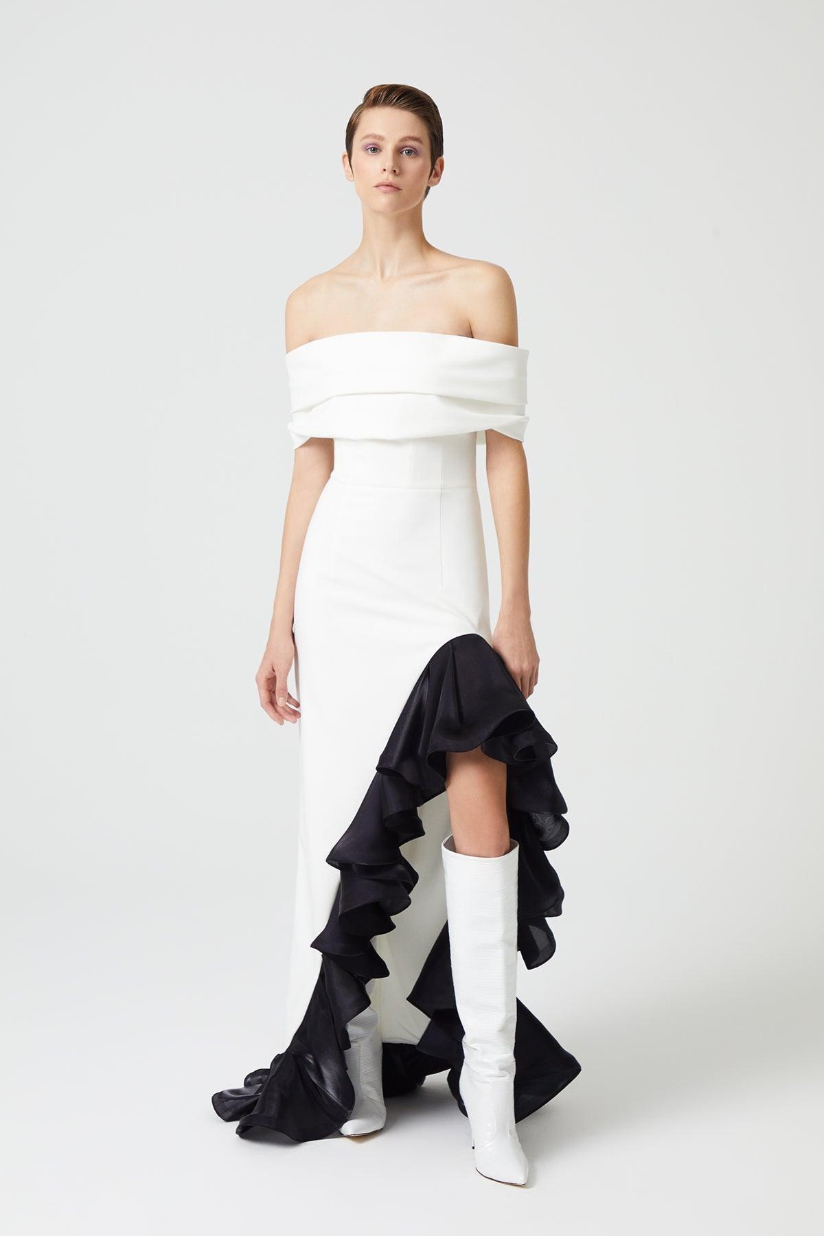 Strapless Low Sleeve Flounce Asymmetrical Cut Evening Dress Strapless Low Sleeve Flounce Asymmetrical Cut Evening Dress