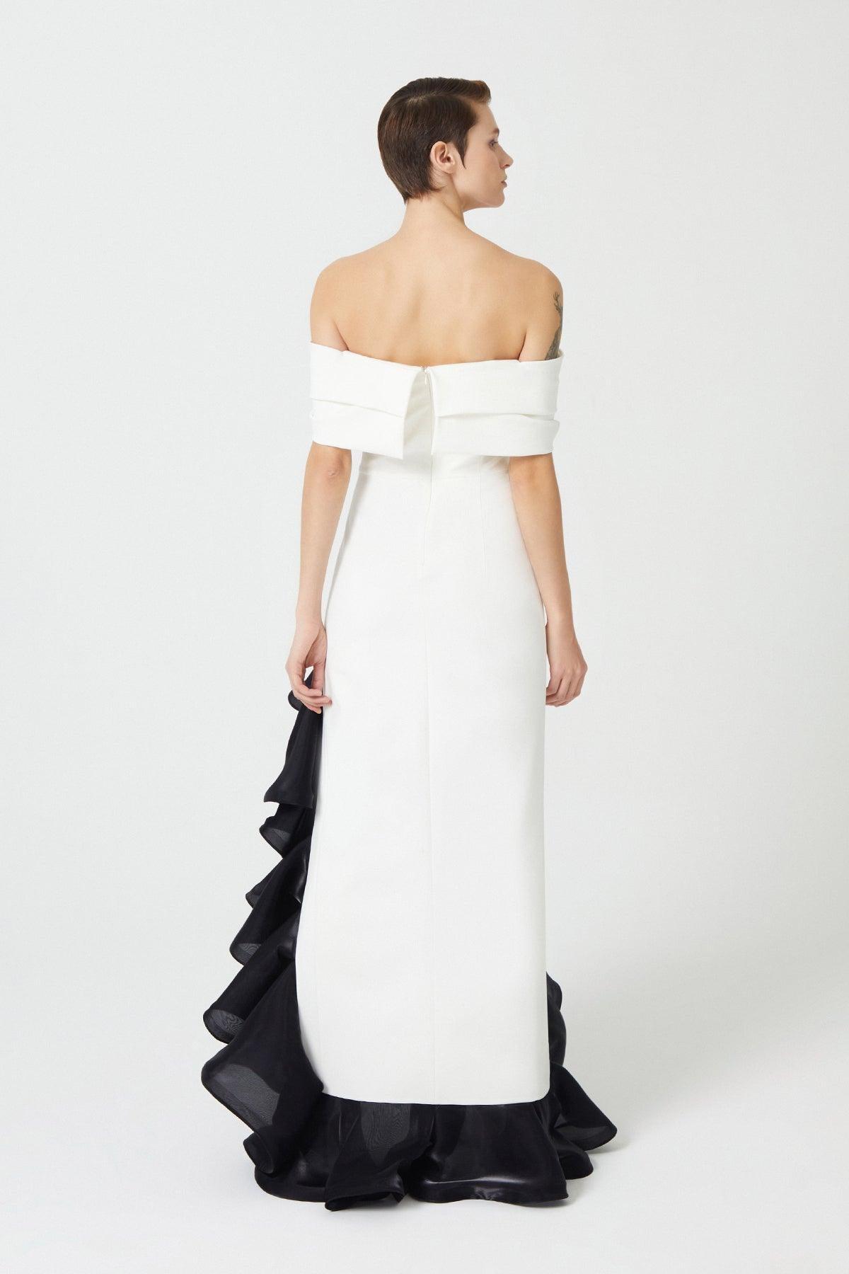 Straplez Düşük Kollu Volanlı Asimetrik Kesim Elbise - Eser Giyim