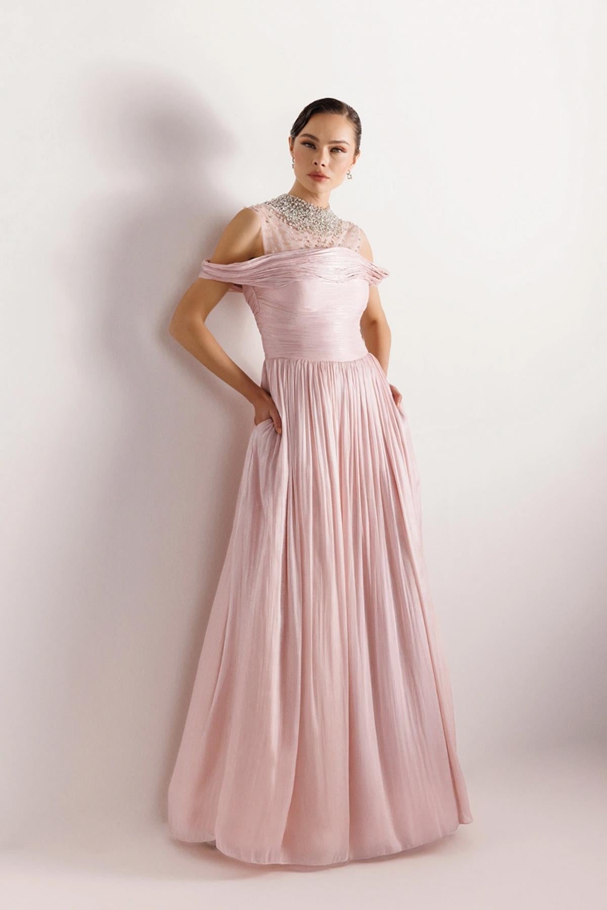 Strapless Look Pleated Puffy Dress