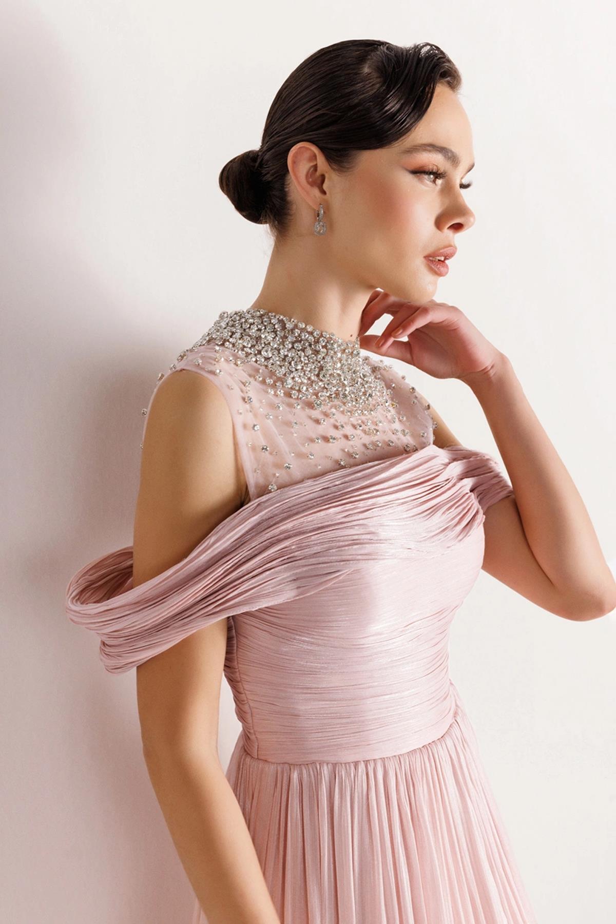 Strapless Look Pleated Puffy Dress