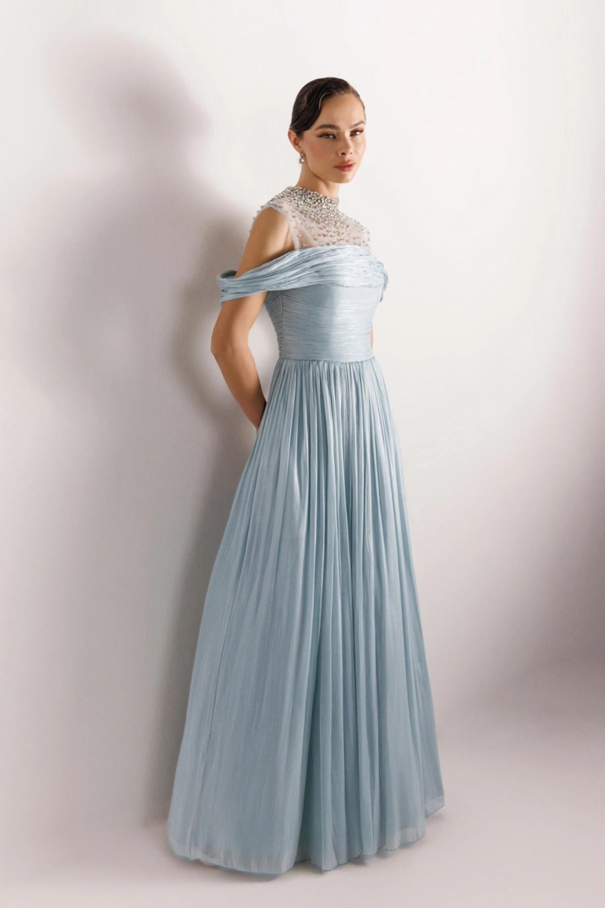 Strapless Look Pleated Puffy Dress