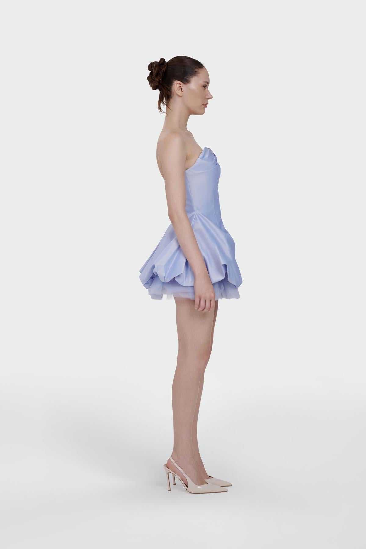 Strapless Sweetheart Neckline Tulle Detail Mini Evening Dress