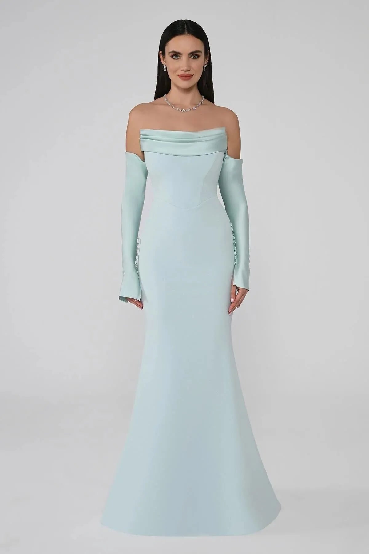 فستان سهرة حورية البحر بأكمام منخفضة بدون حمالات