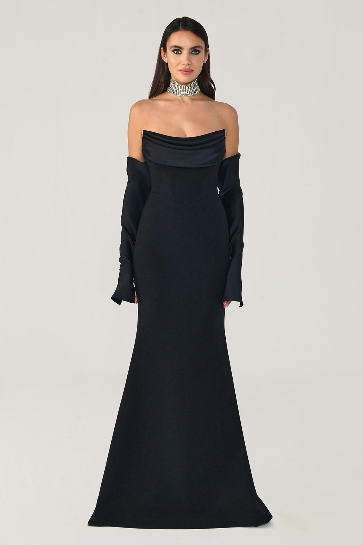 Straplez Kollu Balık Kesim Uzun Elbise - Eser Giyim