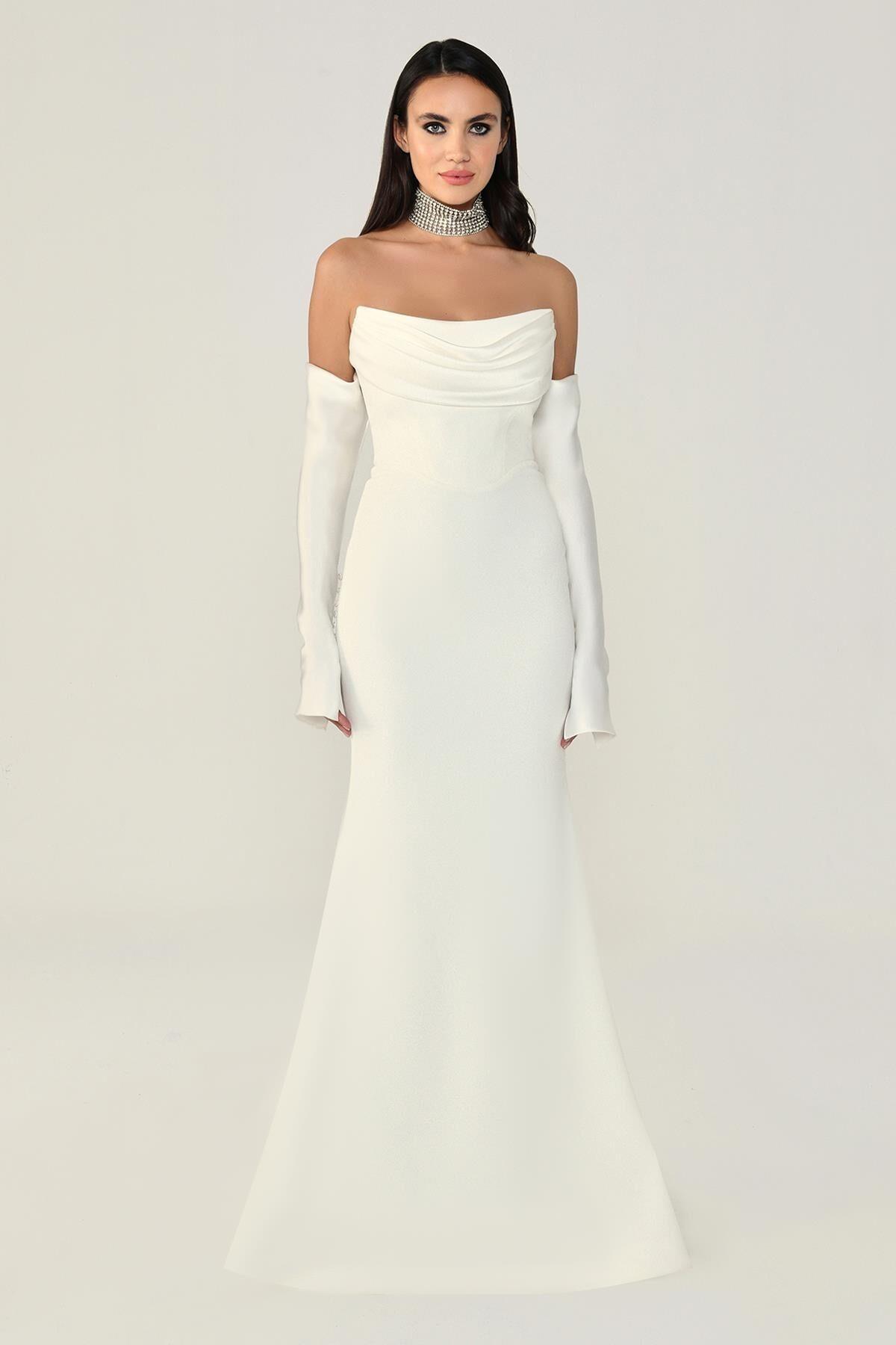 Straplez Kollu Balık Kesim Uzun Elbise - Eser Giyim