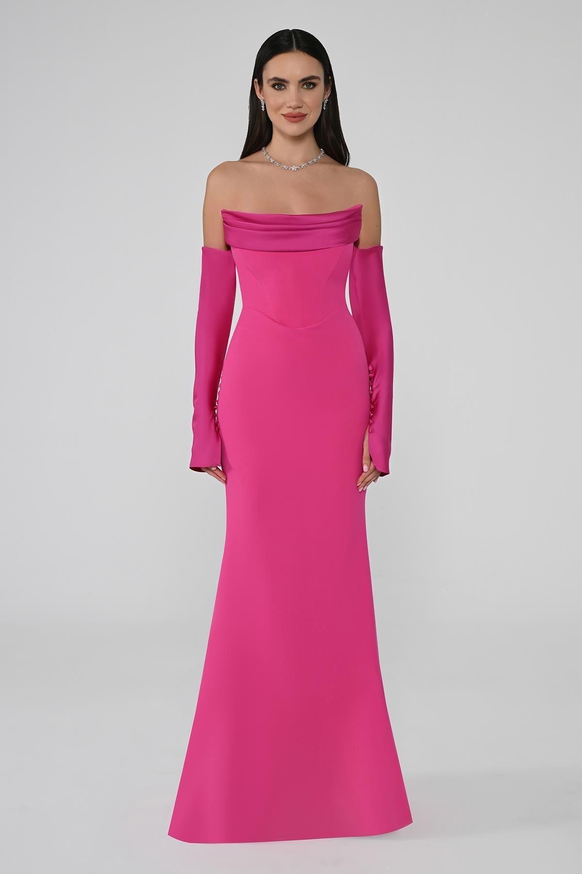 Straplez Kollu Balık Kesim Uzun Elbise - Eser Giyim