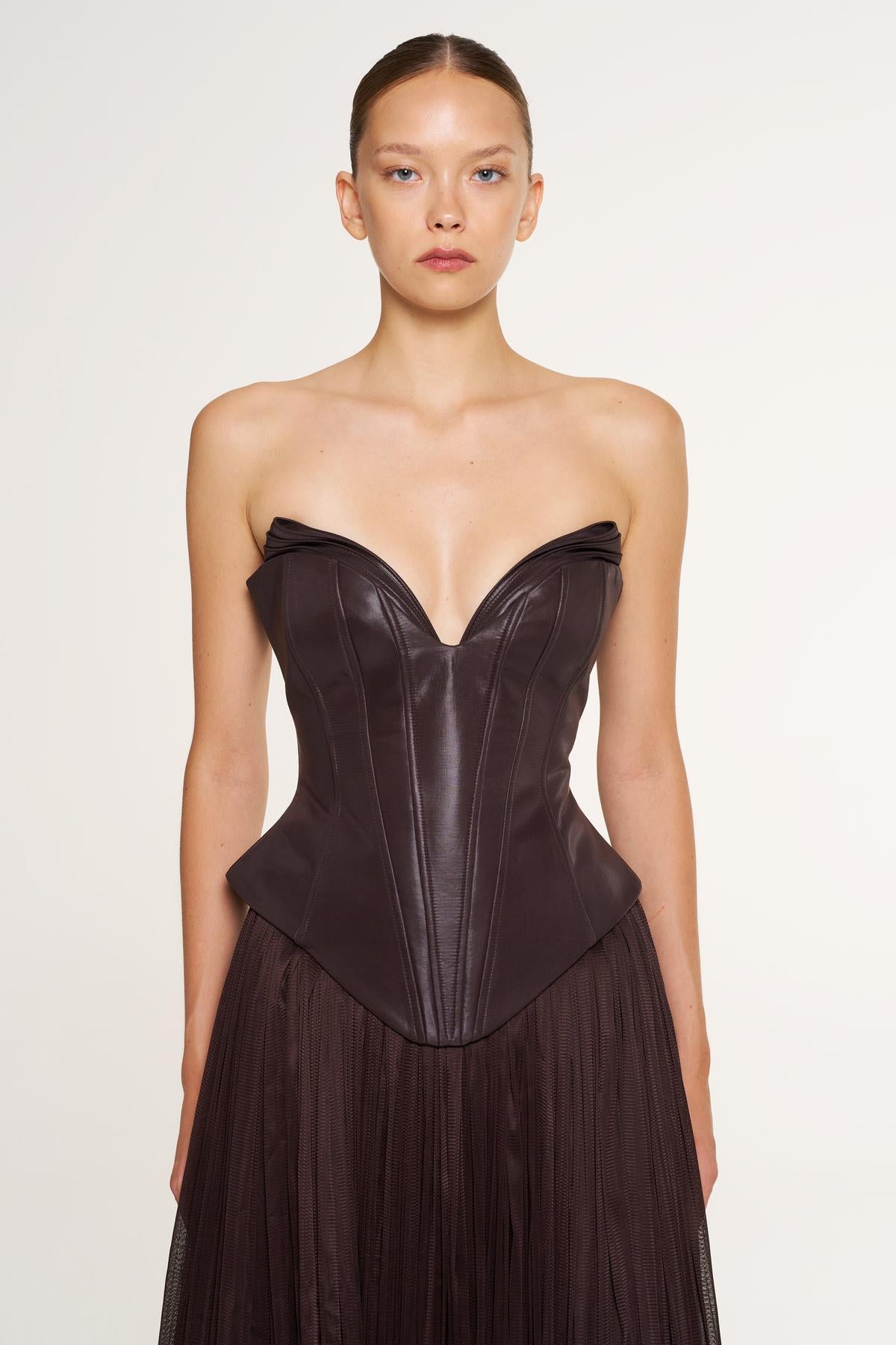 Strapless Corset Pleated Long Evening Gown Suit