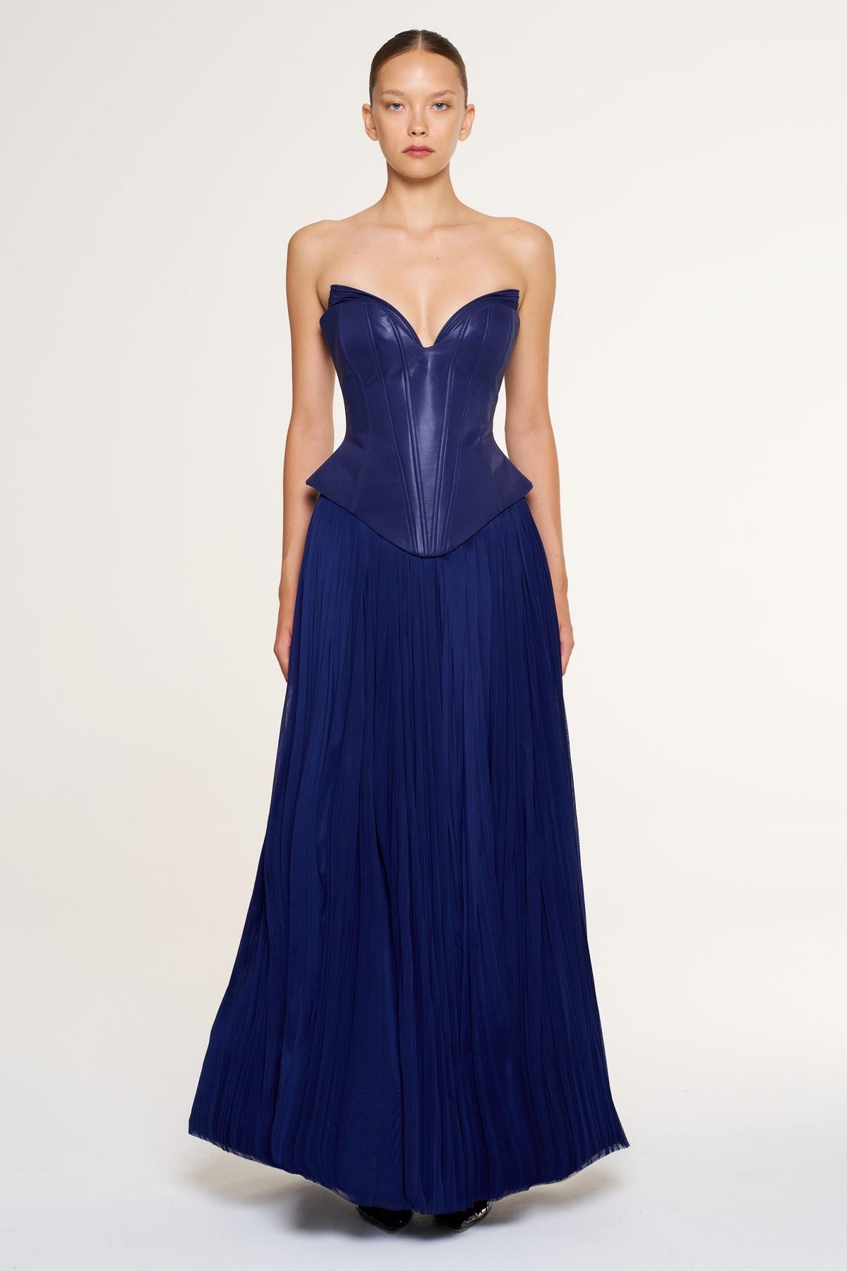 Strapless Corset Pleated Long Evening Gown Suit