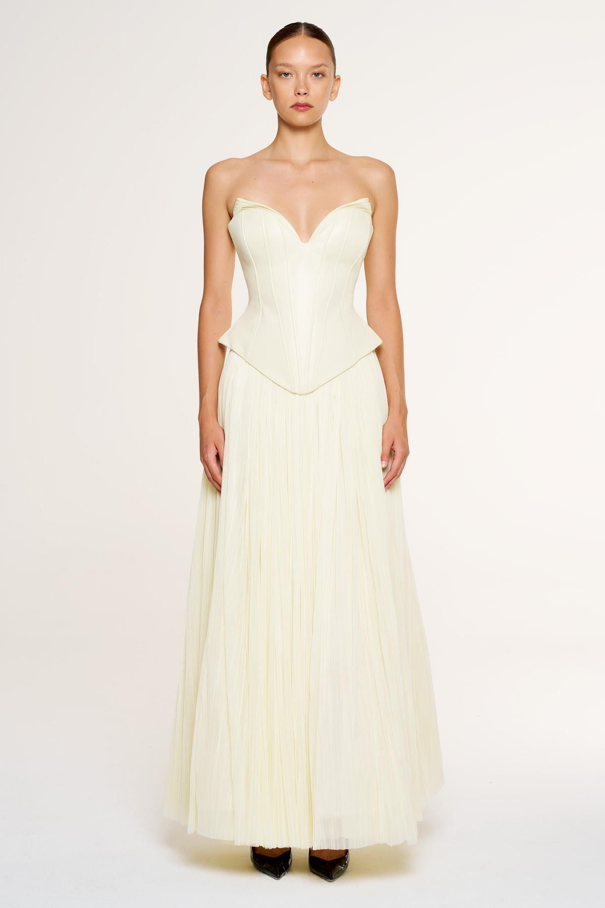 Strapless Corset Pleated Long Evening Gown Suit