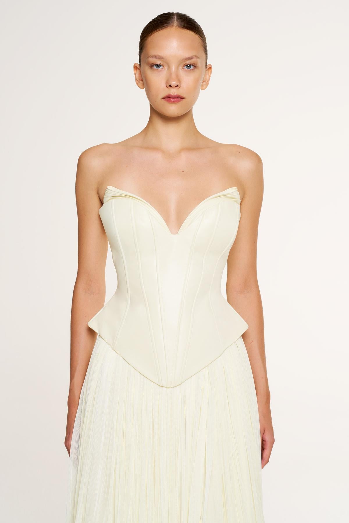 Strapless Corset Pleated Long Evening Gown Suit