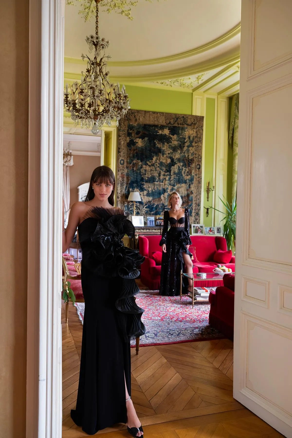 Strapless Pleated Accessory Crepe Long Evening Dress